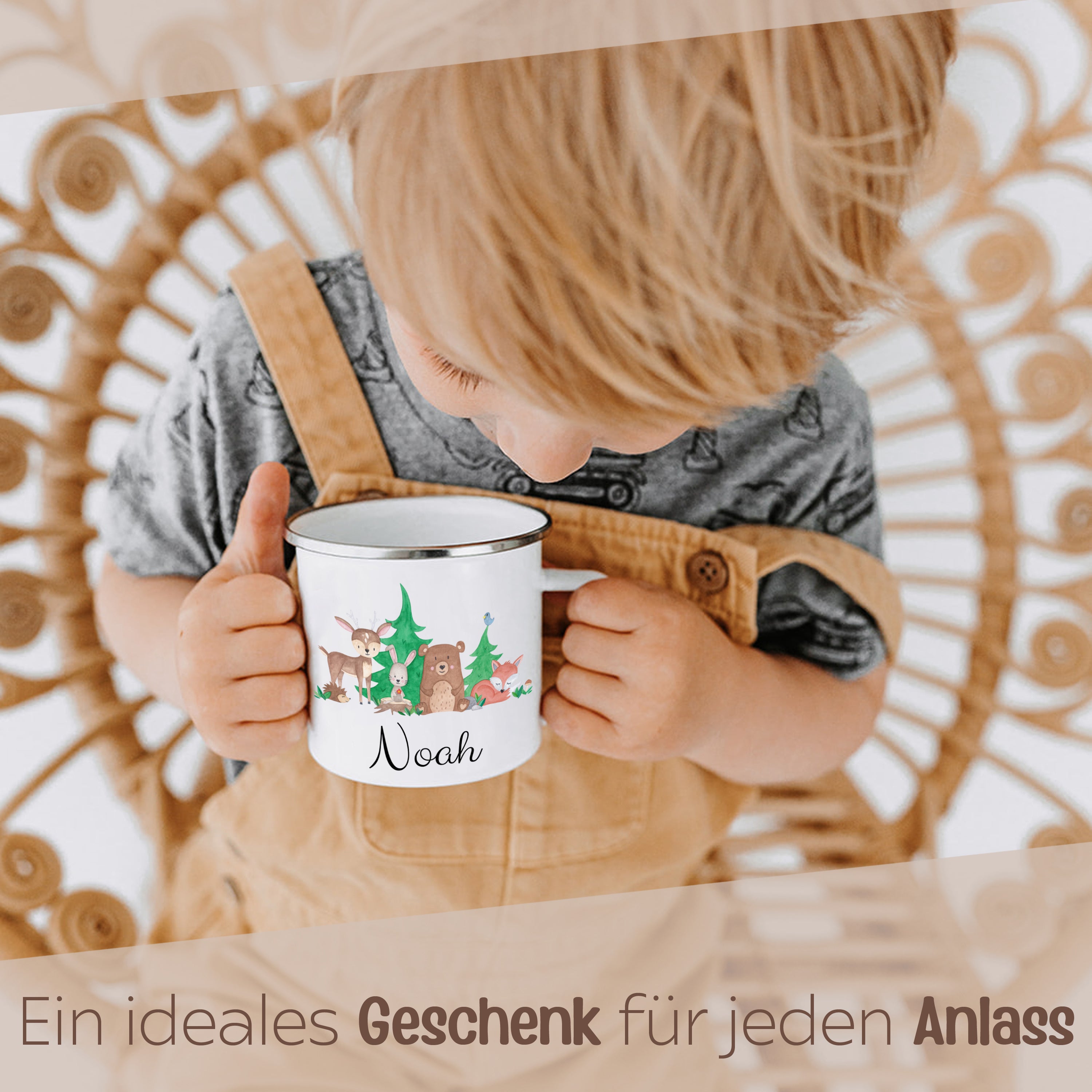 Emaille Kindertasse personalisiert - Waldfreunde Aquarell