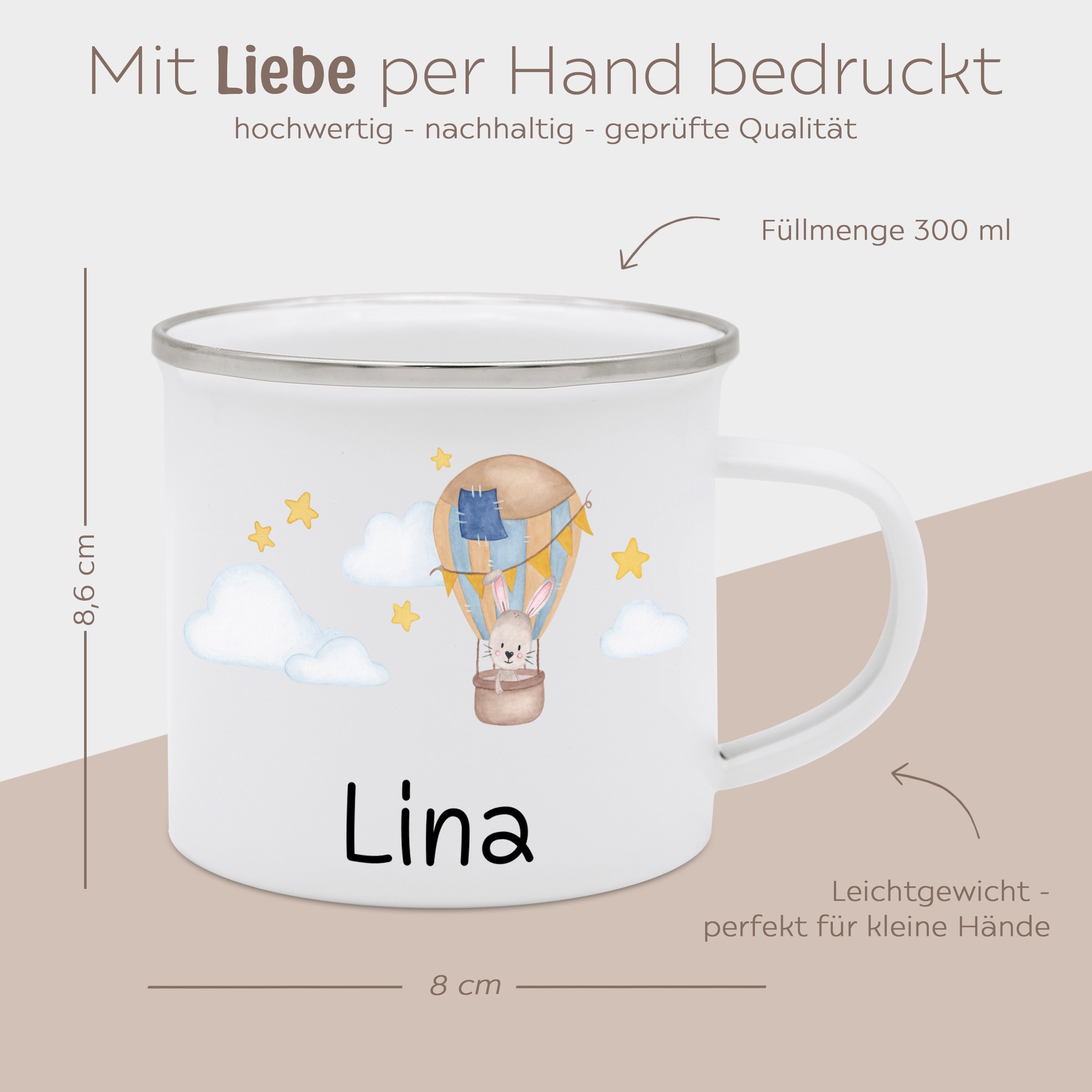 Emaille Kindertasse personalisiert - Tier in Heißluftballon