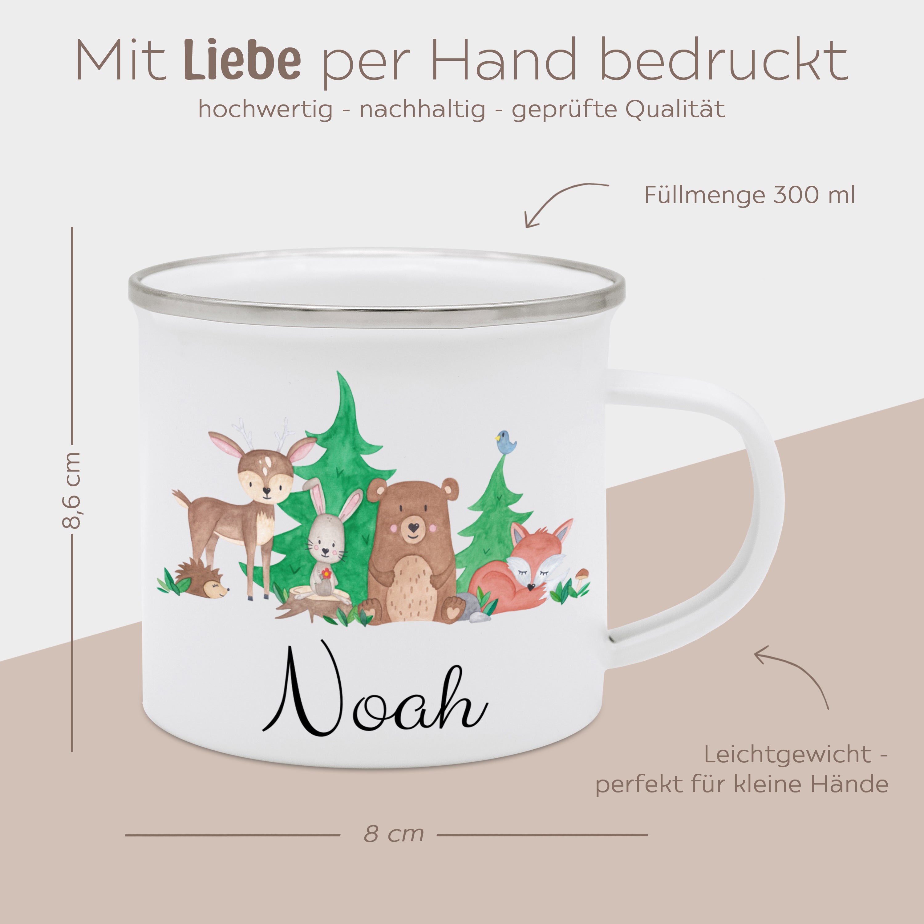 Emaille Kindertasse personalisiert - Waldfreunde Aquarell