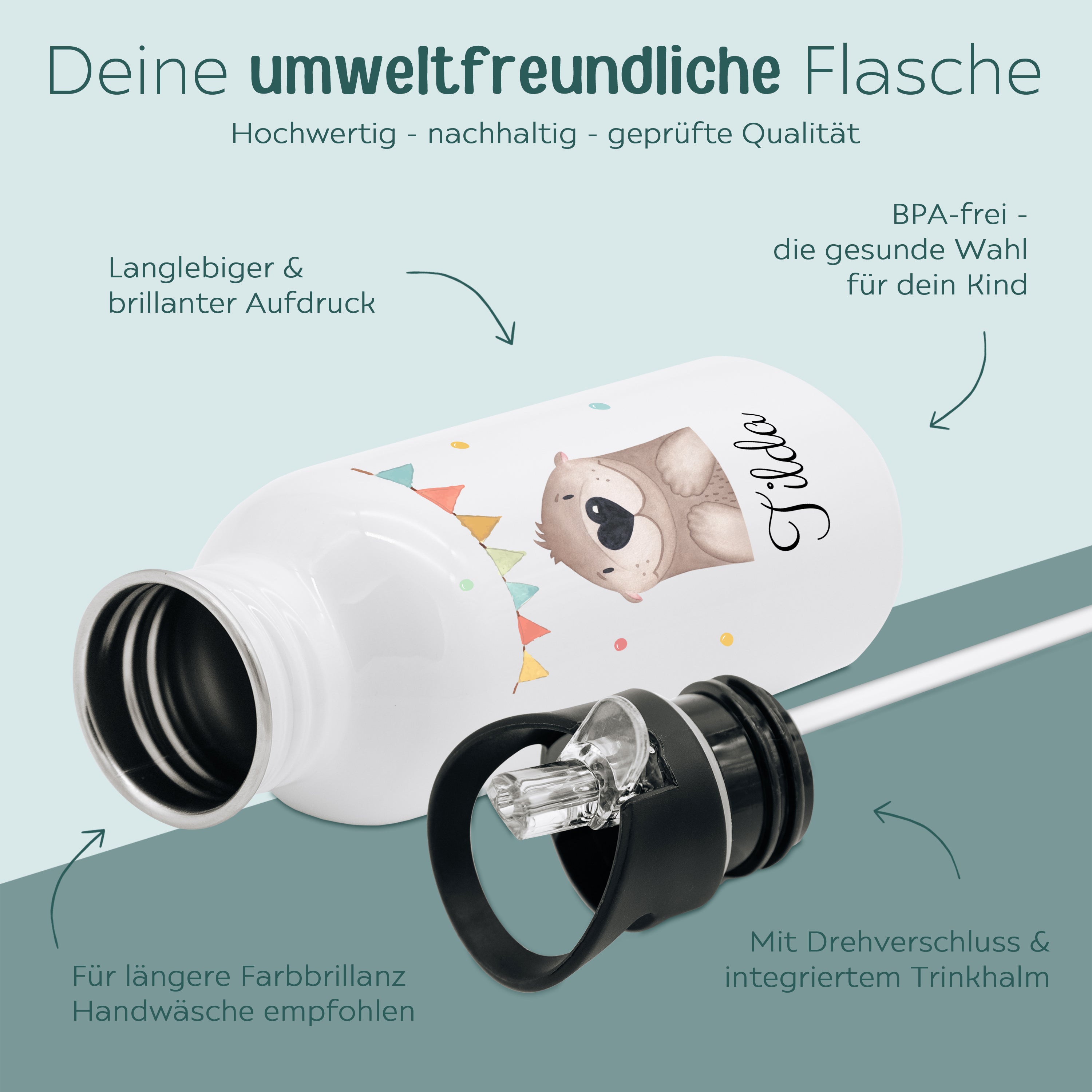 Kinder Trinkflasche weiß mit Trinkhalm personalisiert - Tier Girlande Aquarell