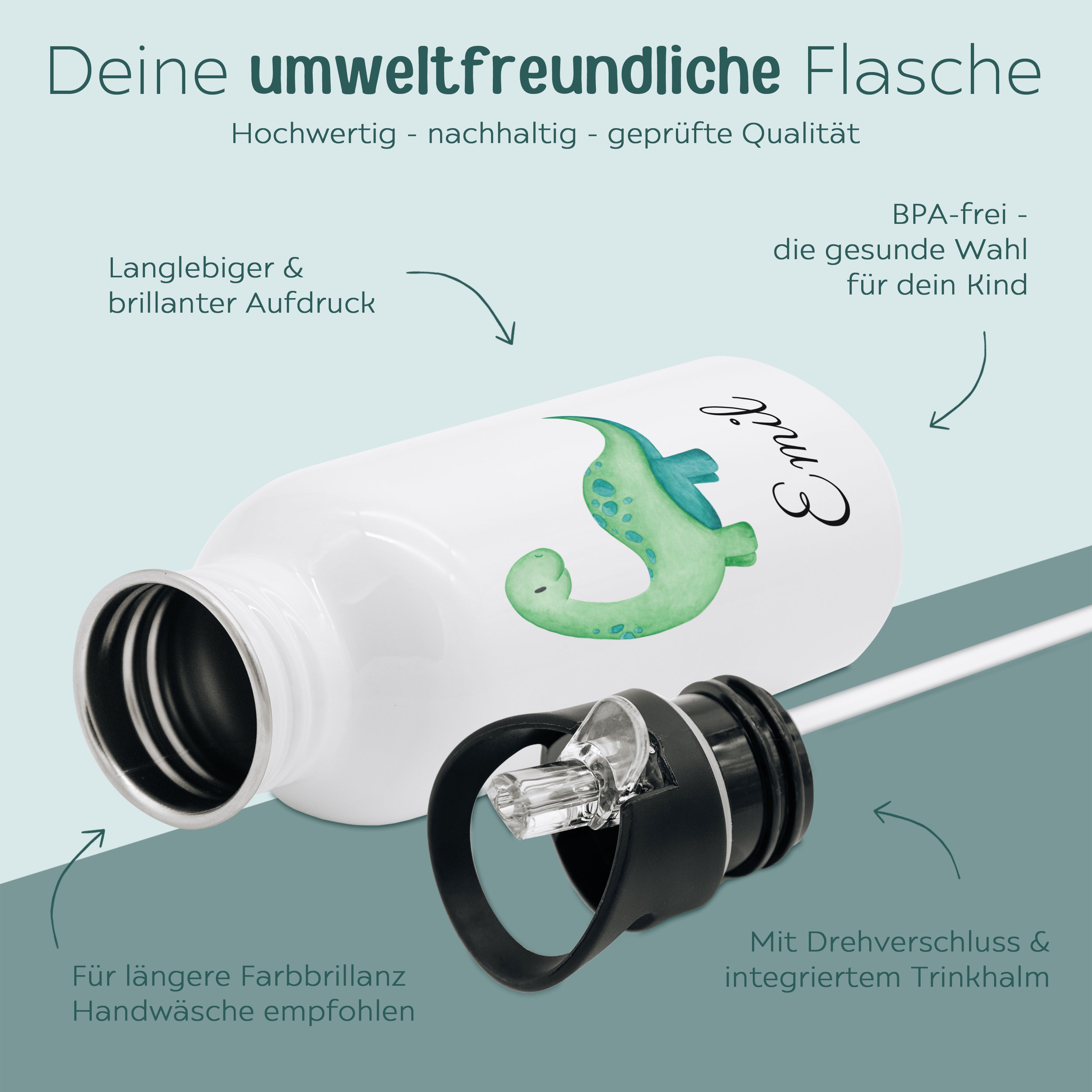 Kinder Trinkflasche weiß mit Trinkhalm personalisiert - Dinosaurier Aquarell