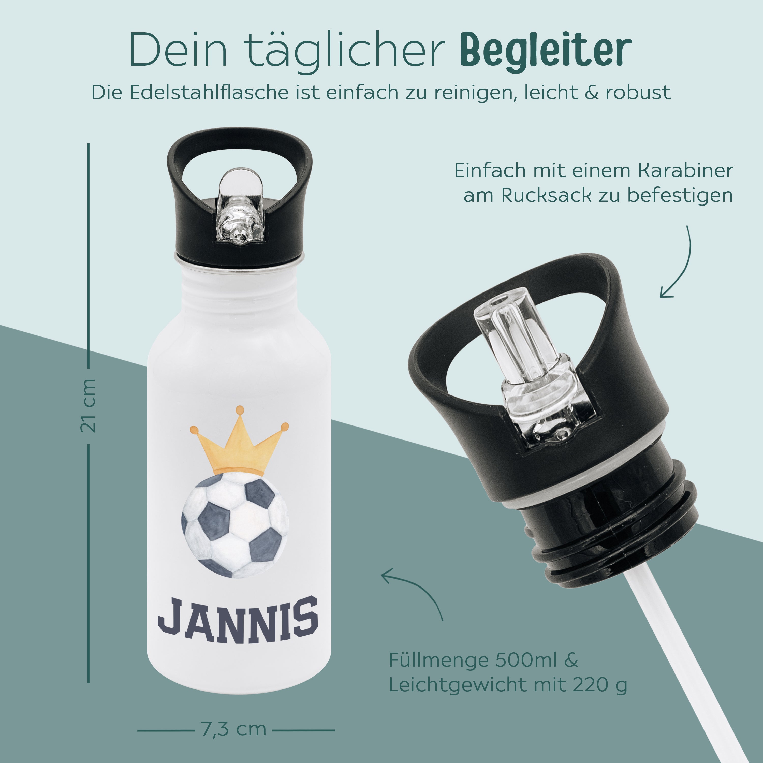 Kinder Trinkflasche weiß mit Trinkhalm personalisiert - Fußball Trikot Aquarell