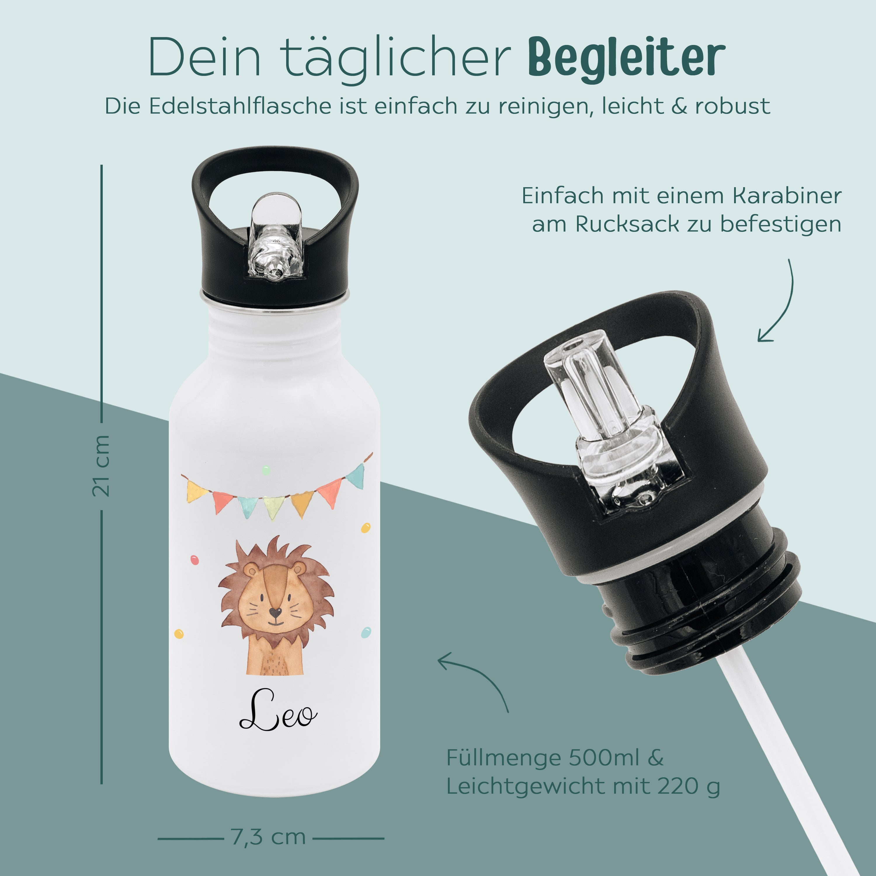 Kinder Trinkflasche weiß mit Trinkhalm personalisiert - Tier Girlande Aquarell