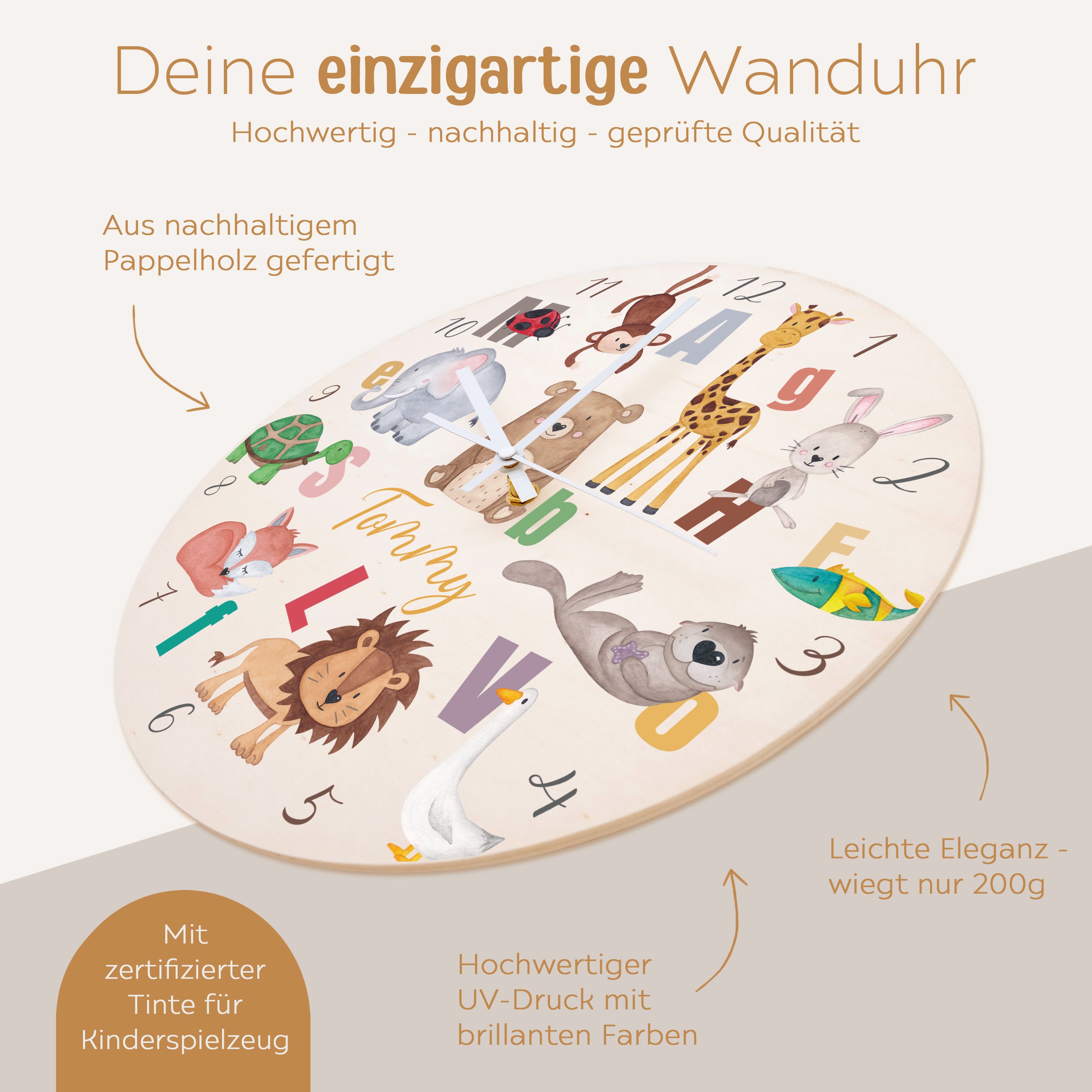 Wanduhr Kinder Holz personalisiert - Lernuhr Buchstaben Tiere