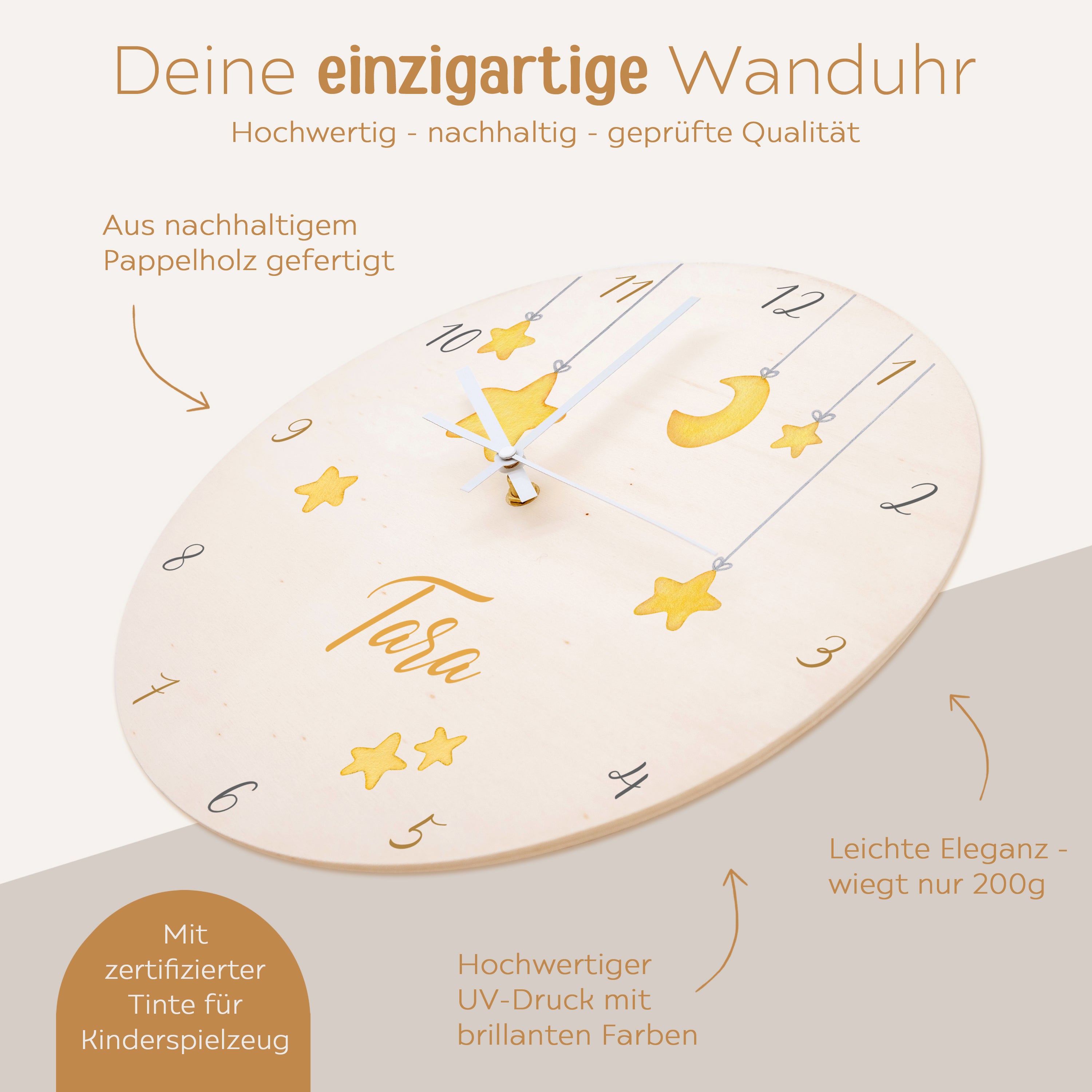 Wanduhr Kinder  Holz personalisiert - Sterne