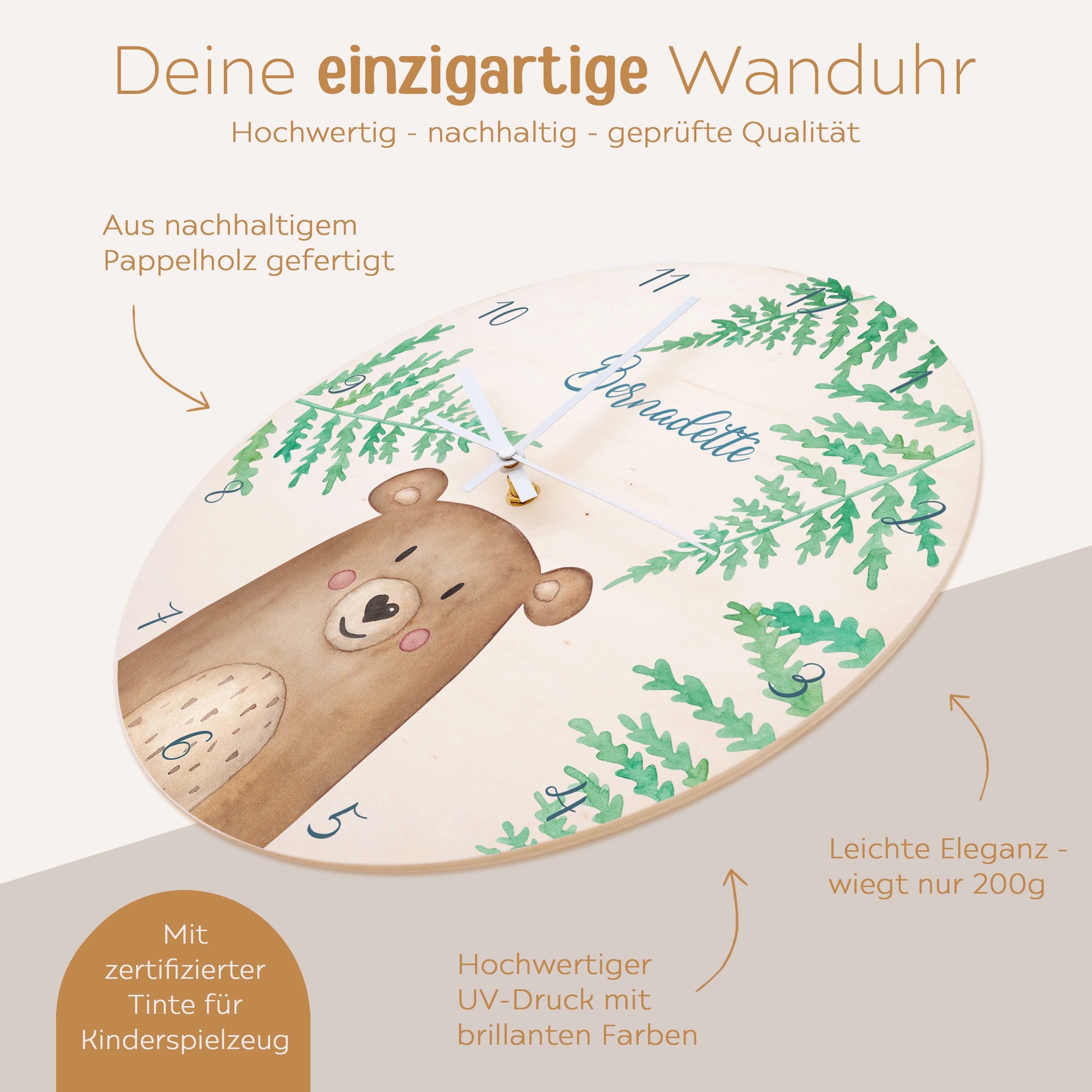 Kinder Wanduhr Holz personalisiert - Tier Farne Aquarell