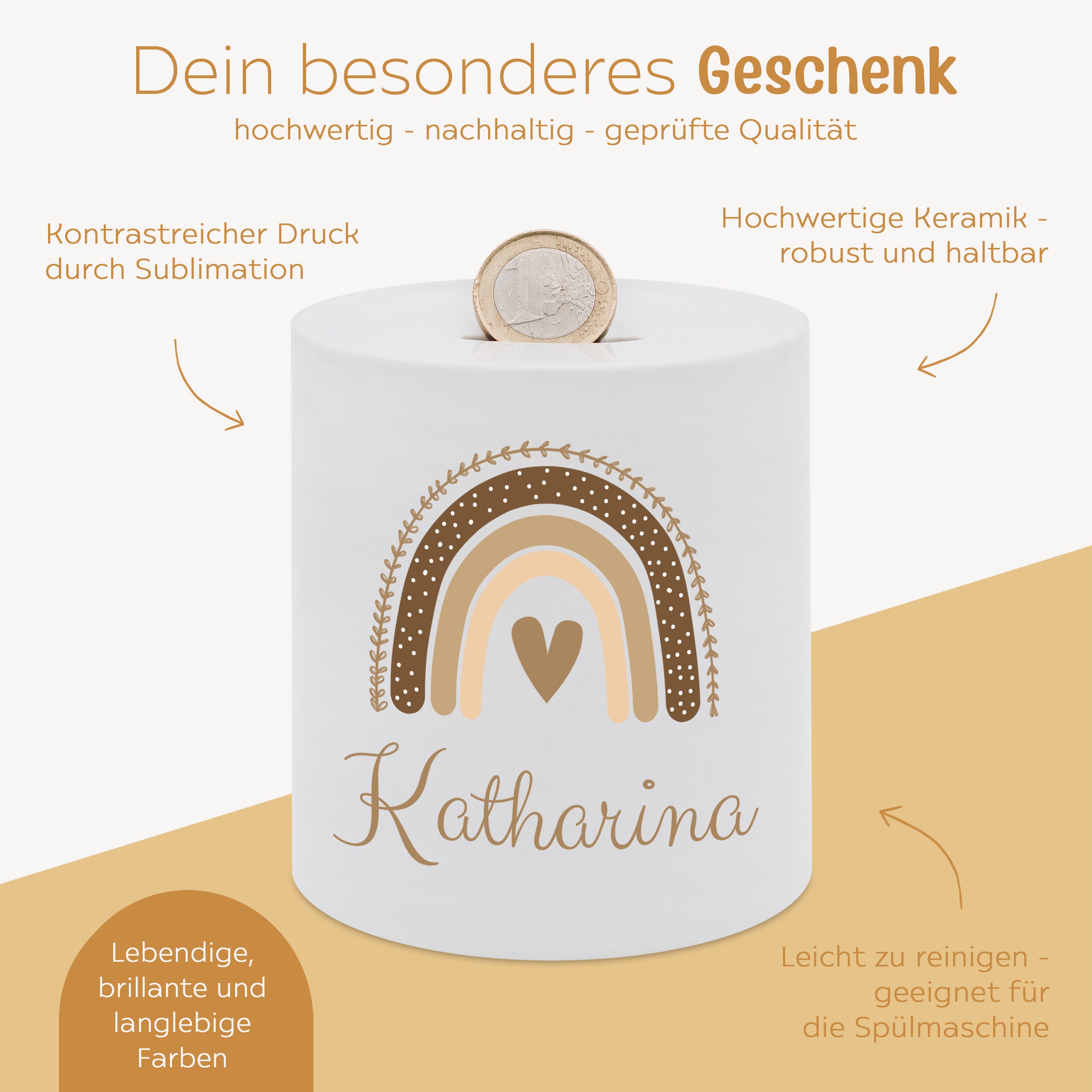 Spardose Keramik personalisiert - Regenbogen beige Aquarell