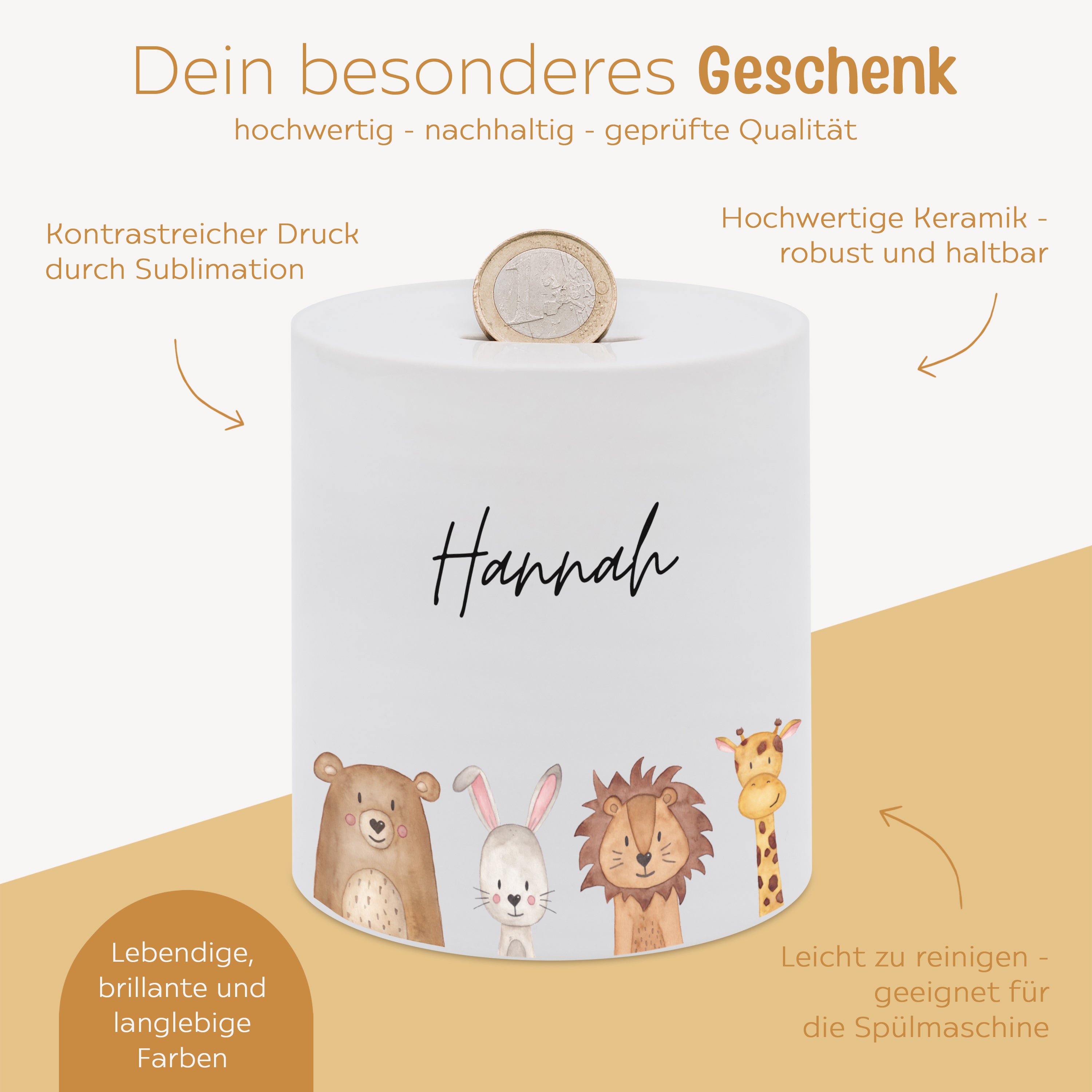 Spardose Keramik personalisiert - Tiere unten/ Dinos unten Aquarell