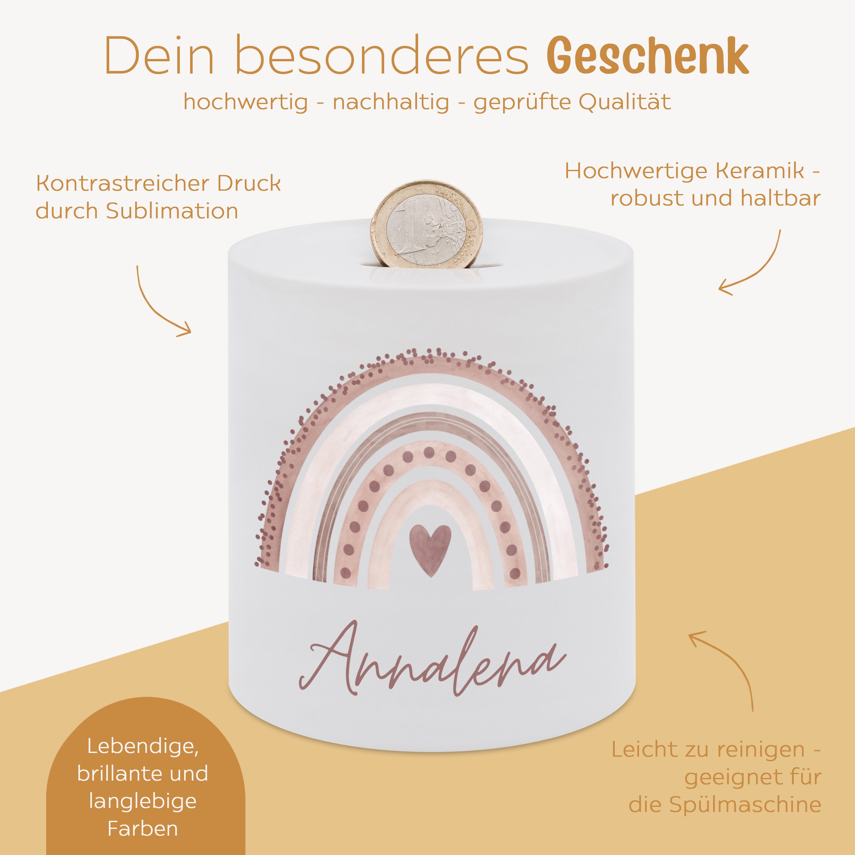 Spardose Keramik personalisiert - Regenbogen Punkte Aquarell