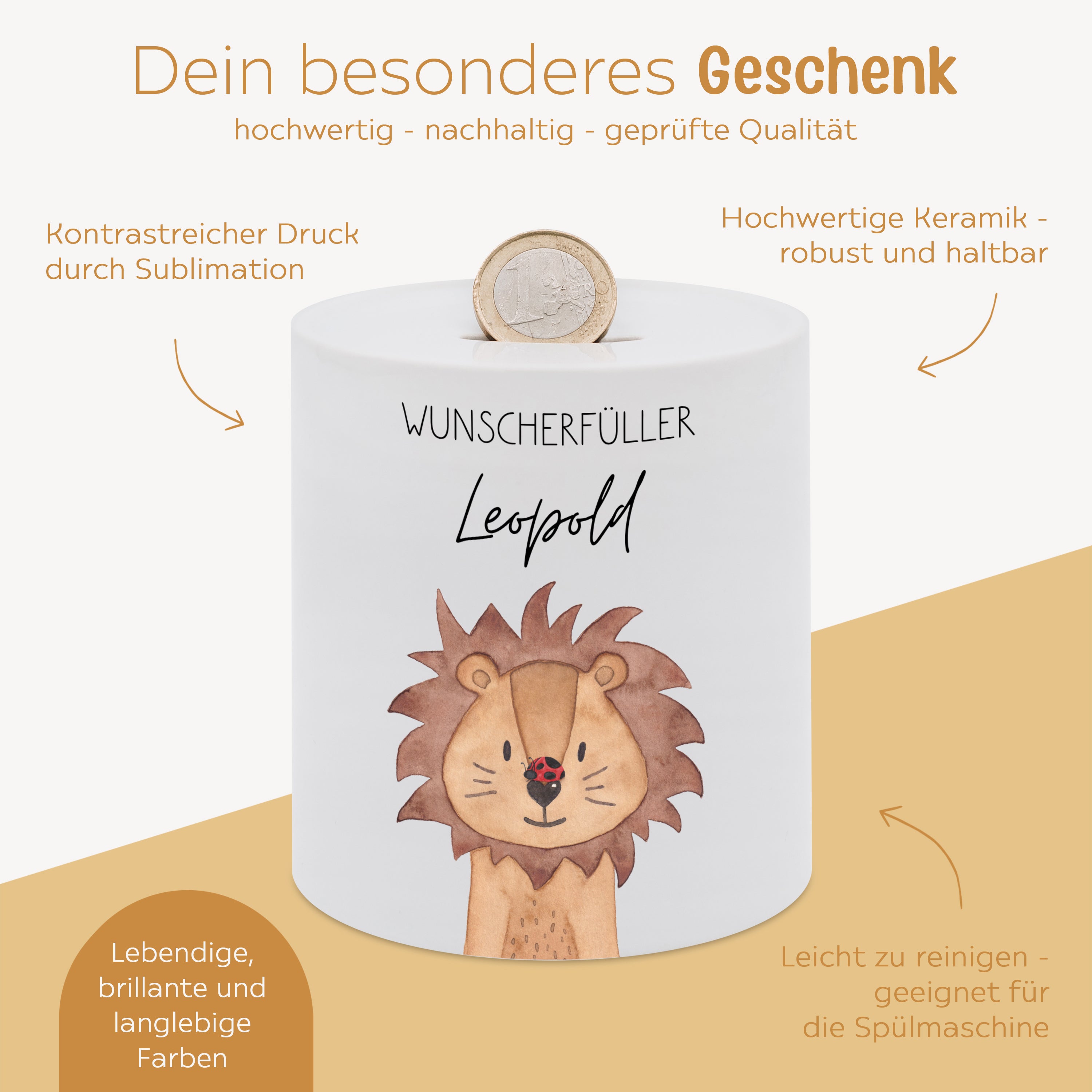 Spardose Keramik personalisiert - Tier mit Marienkäfer Aquarell