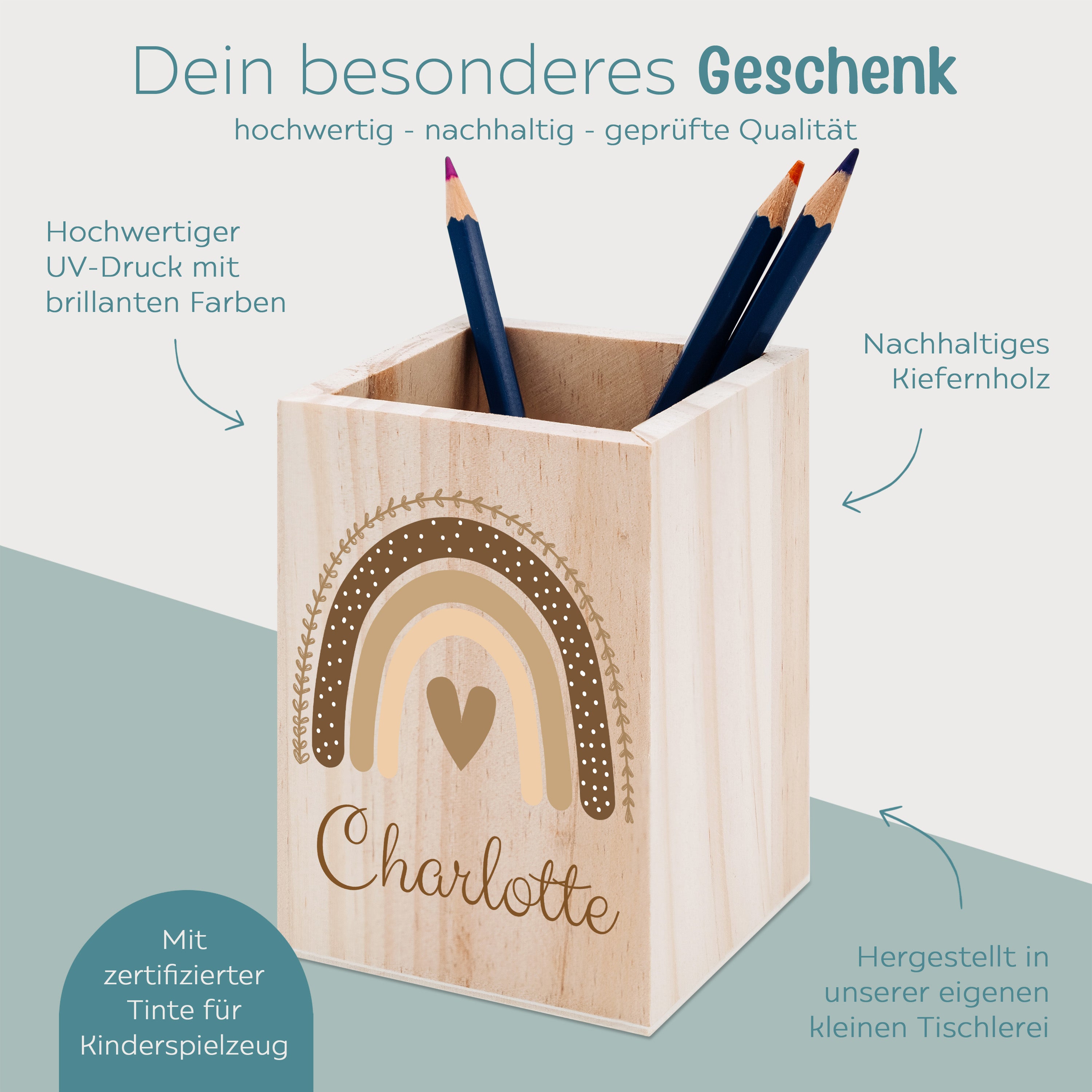 Stiftebecher Holz personalisiert - Regenbogen beige Aquarell