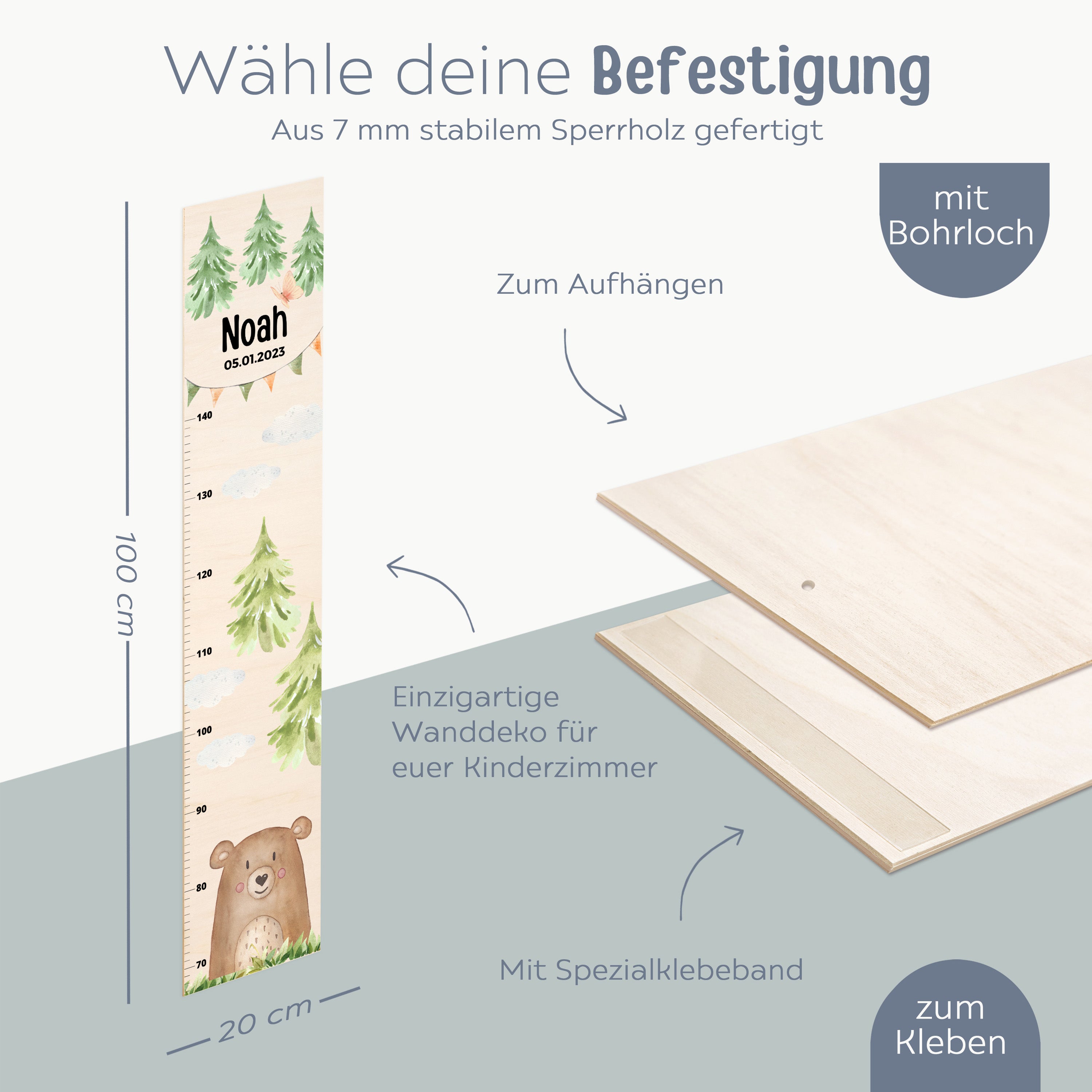 Kindermesslatte Holz personalisiert - Tier Wald Aquarell