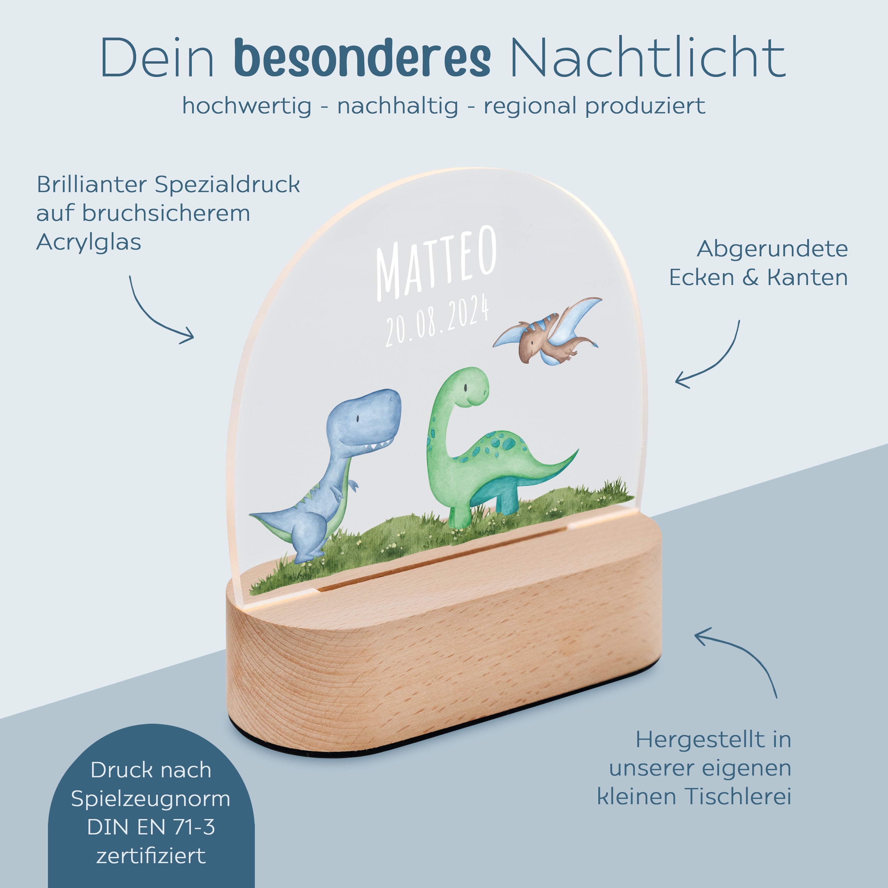 LED Nachtlicht Kinder personalisiert - Dinos Wiese Aquarell