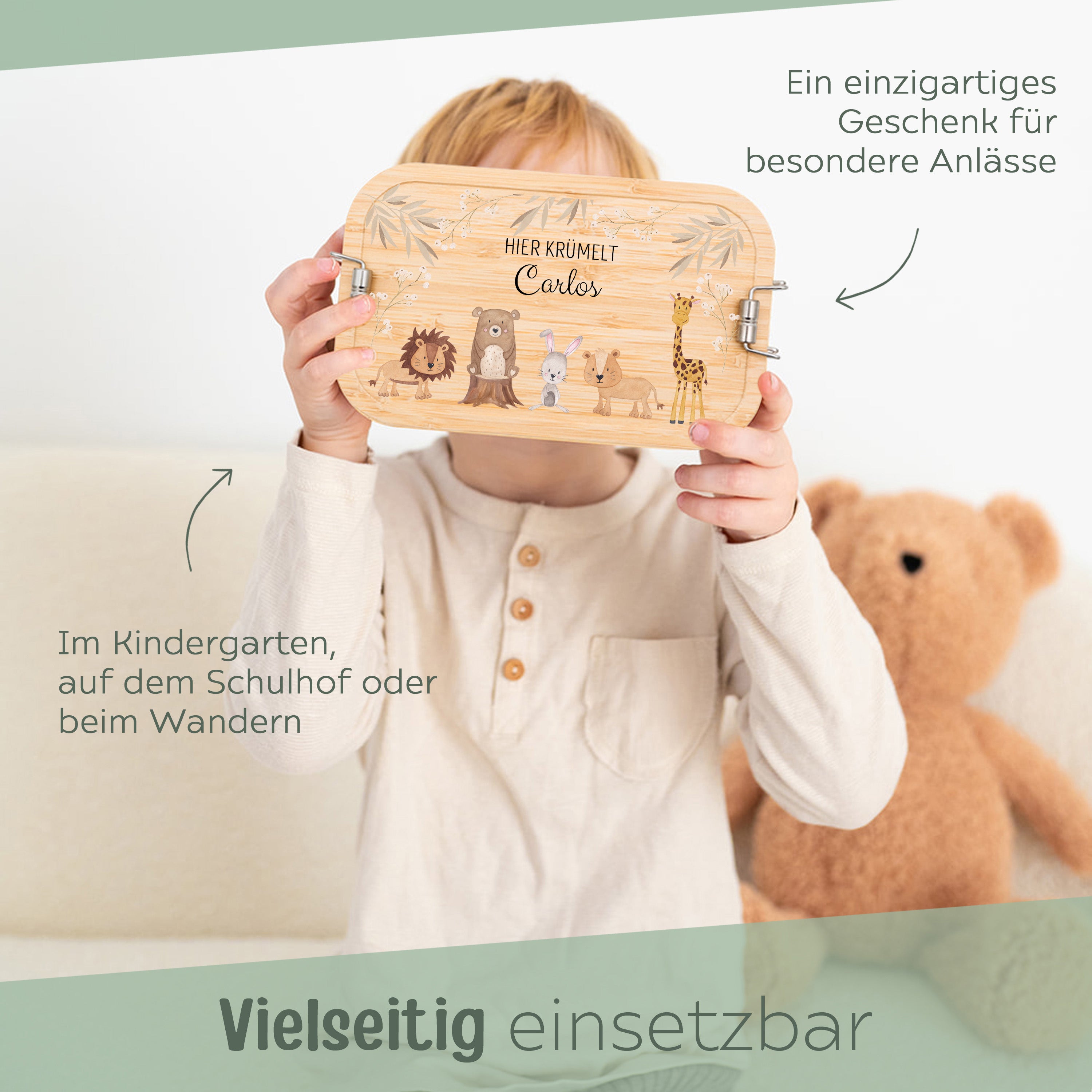 Brotdose Edelstahl personalisiert - Tiere Zweige beige Aquarell