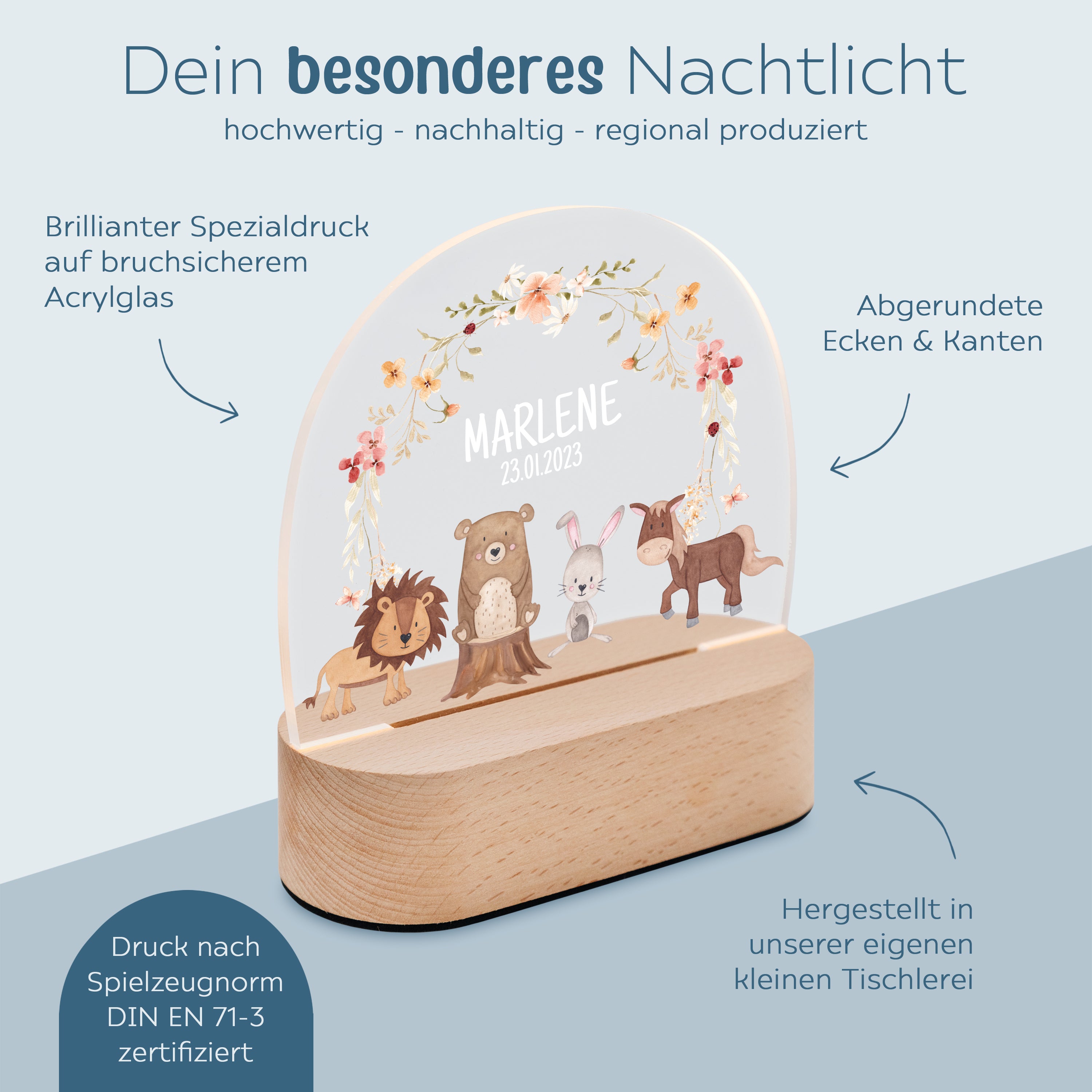 LED Nachtlicht Kinder personalisiert - Tiere Blumenkreis rosa Aquarell