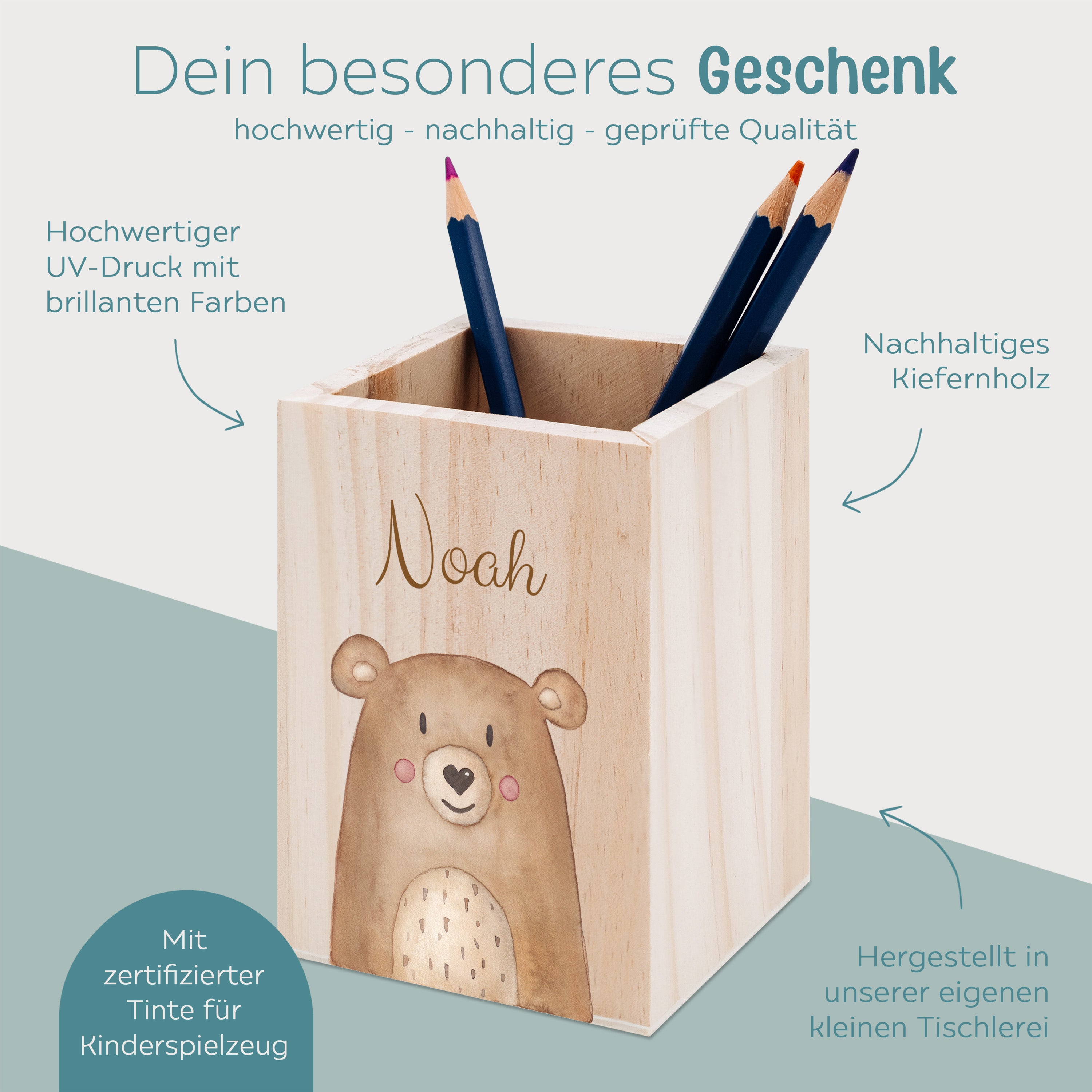 Stiftebecher Holz personalisiert - Tier Aquarell