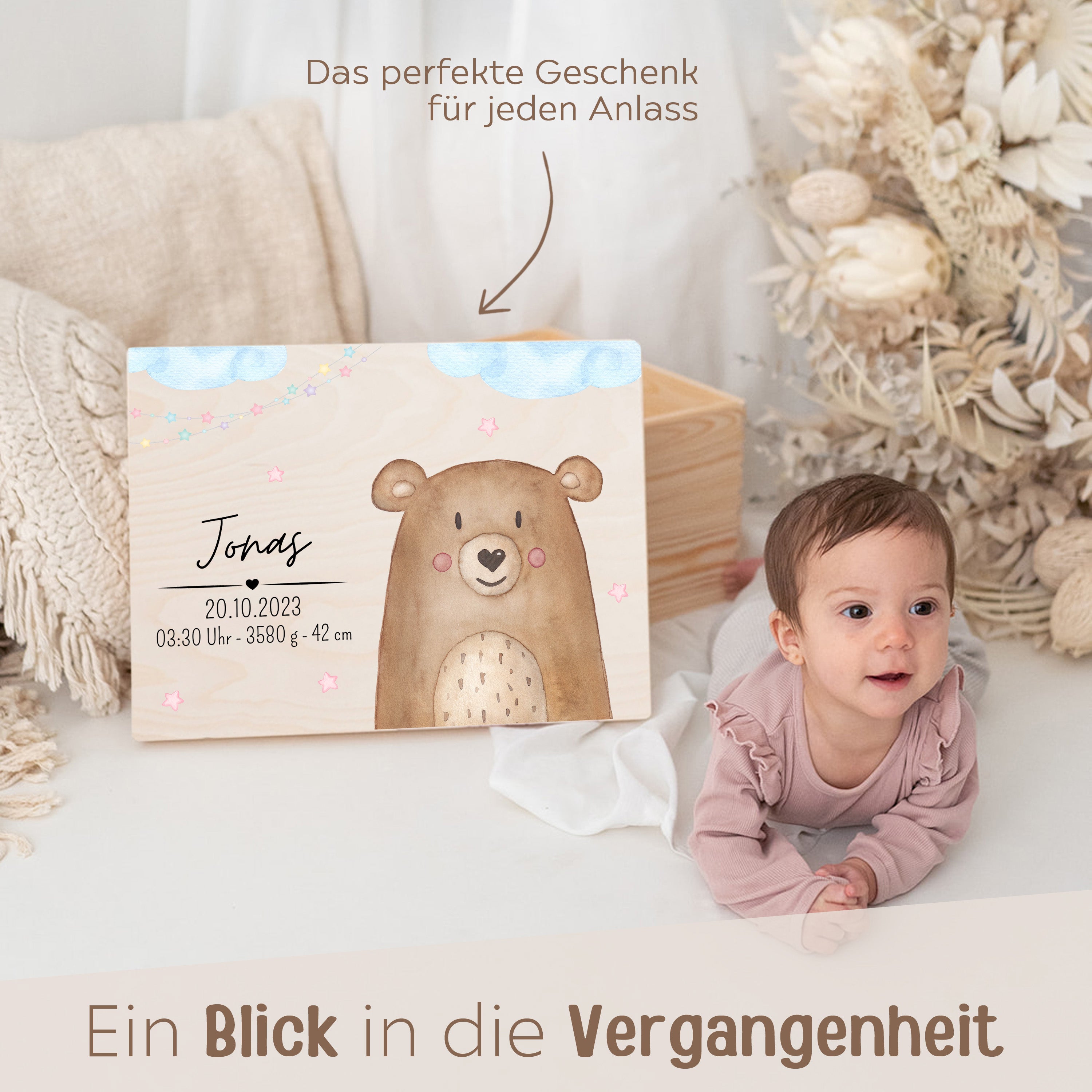 Erinnerungsbox Holz mit Wunschdaten – Tier Wolken Sterne blau Aquarell