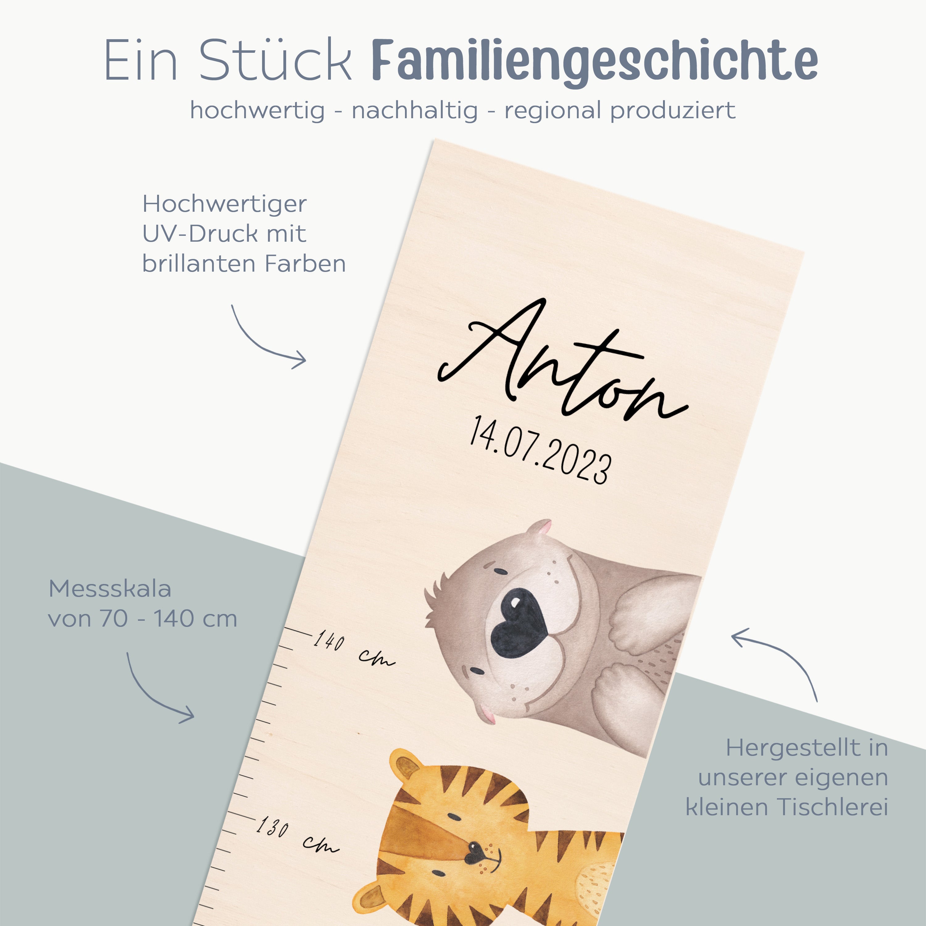 Kindermesslatte Holz personalisiert - Tiere seitlich nebeneinander Aquarell