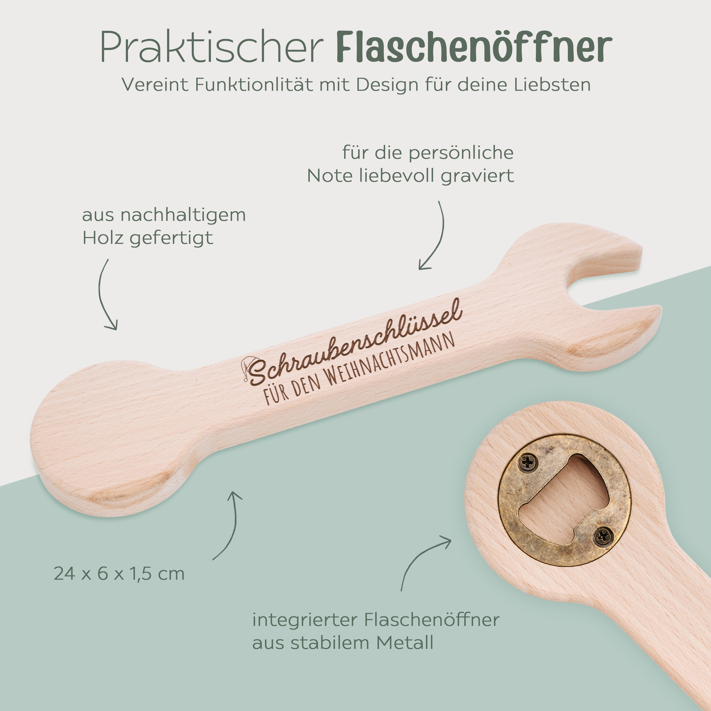 Flaschenöffner Schraubenschlüssel Holz - Weihnachtsmann