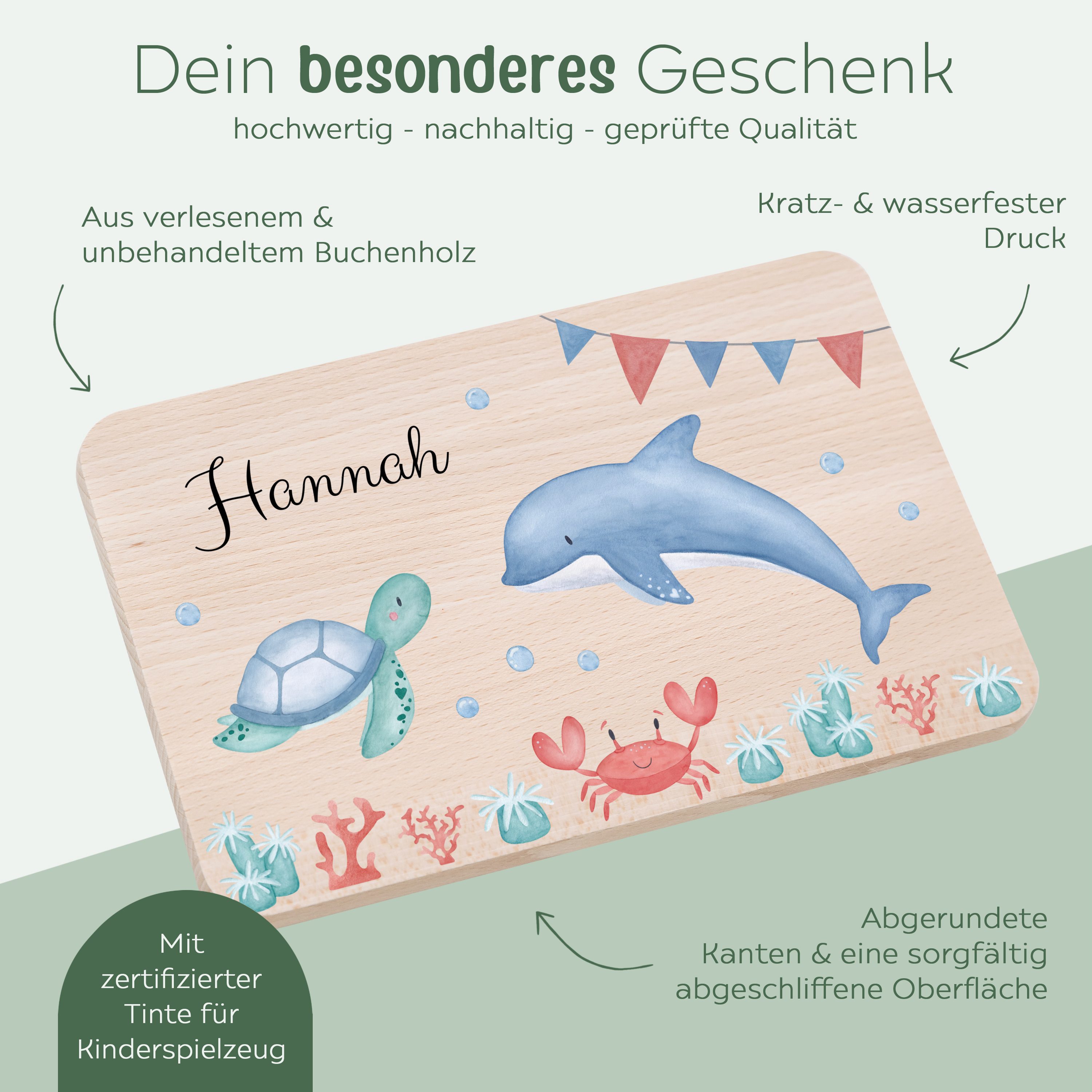 Frühstücksbrettchen personalisiert - Meeresfreunde Girlande Aquarell