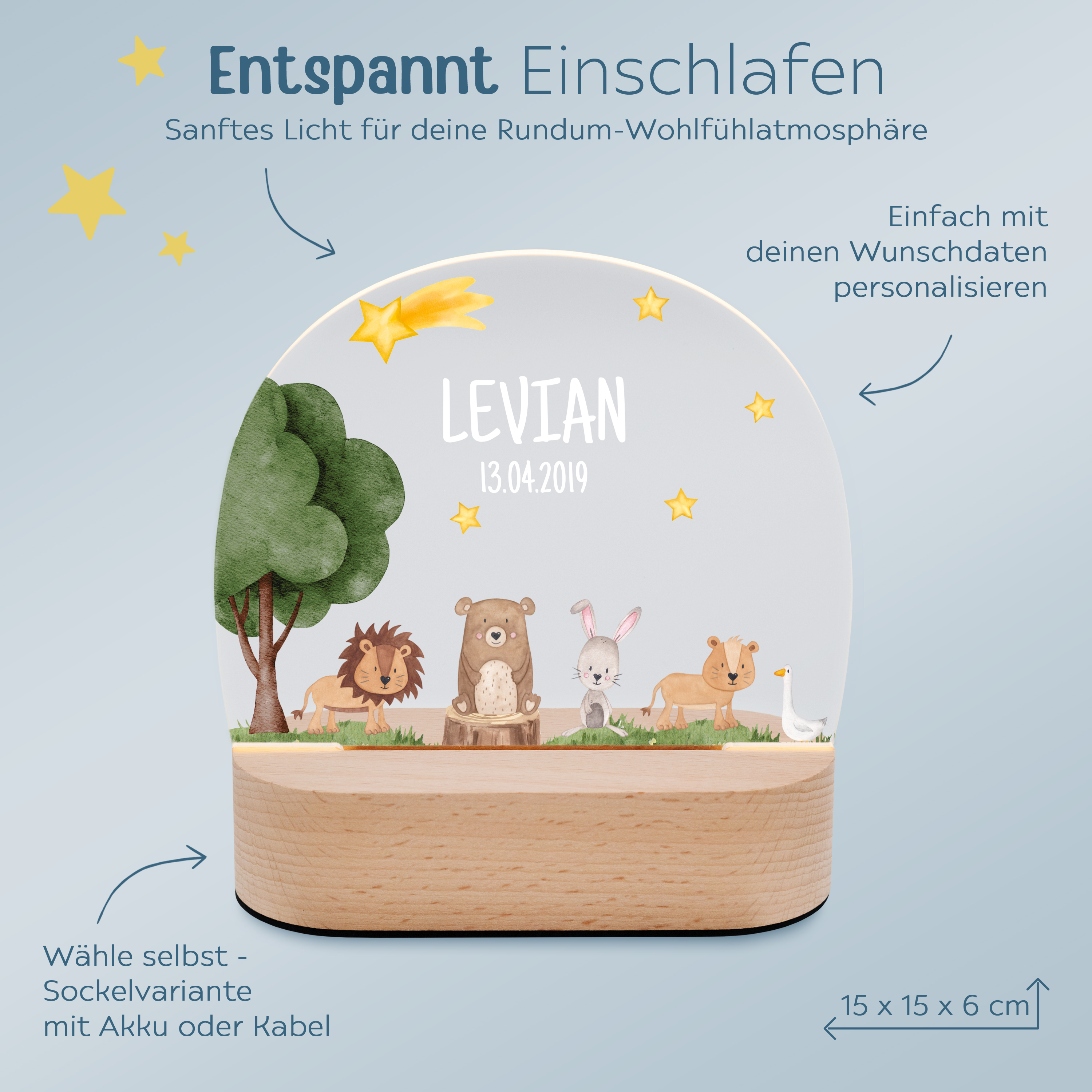 LED Nachtlicht Kinder personalisiert - Tiere unterm Sternenhimmel Aquarell