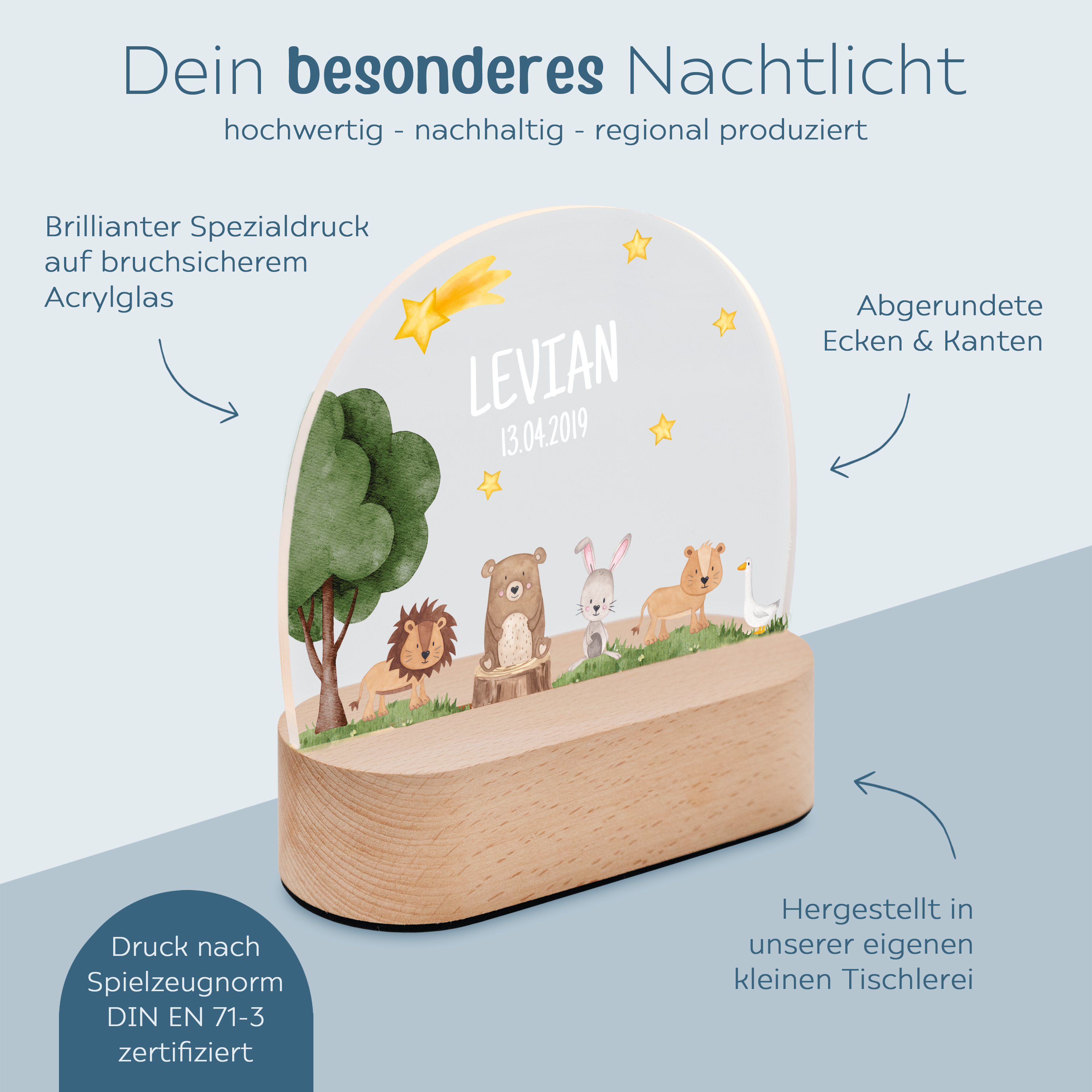 LED Nachtlicht Kinder personalisiert - Tiere unterm Sternenhimmel Aquarell