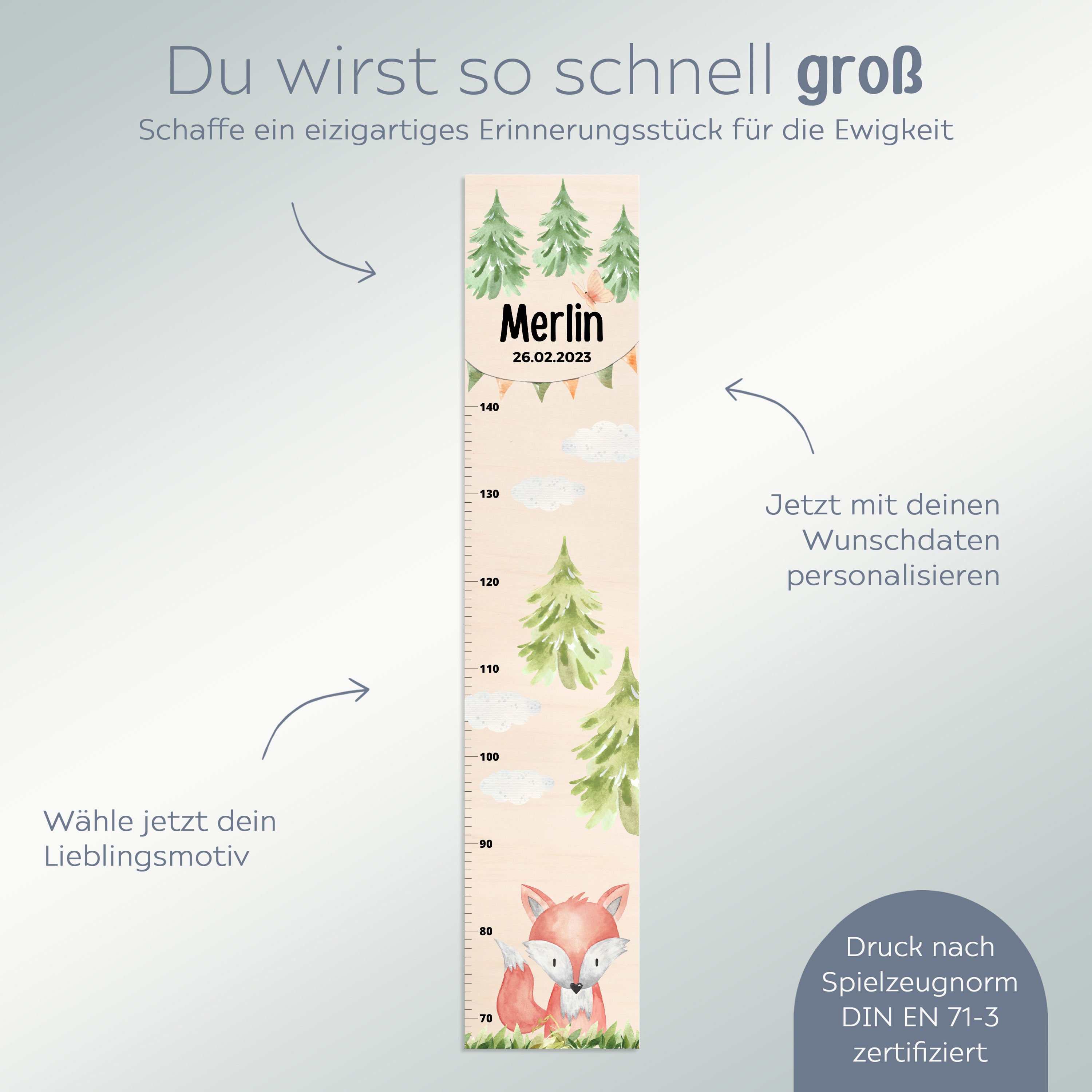 Kindermesslatte Holz personalisiert - Tier Wald Aquarell