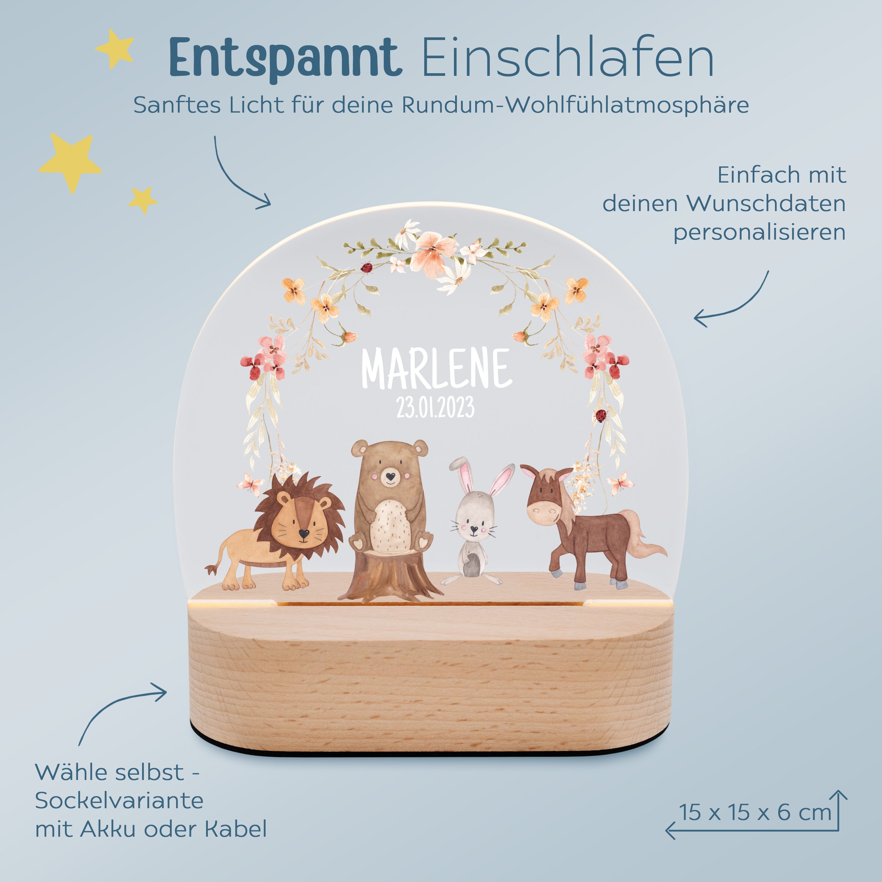 LED Nachtlicht Kinder personalisiert - Tiere Blumenkreis rosa Aquarell