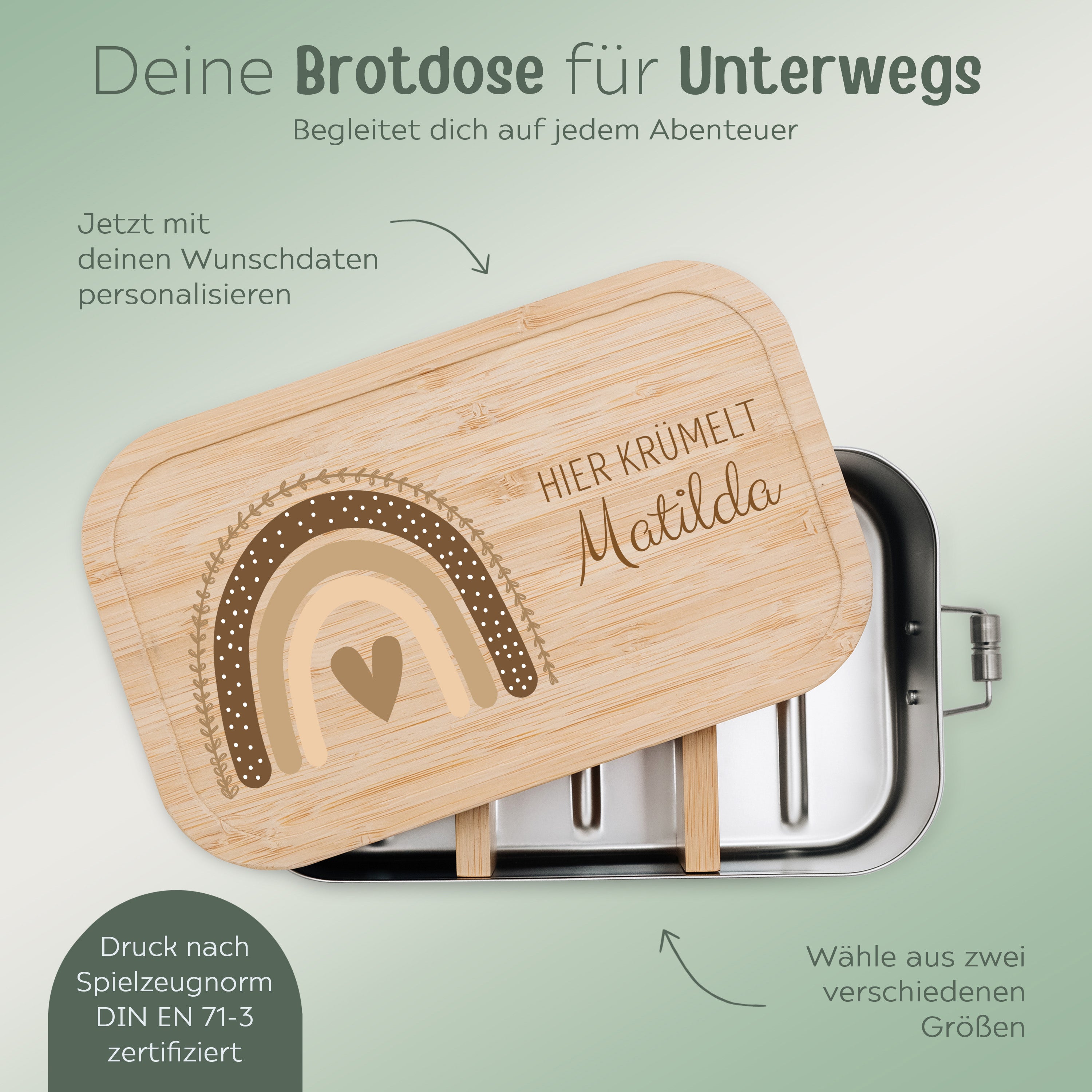 Brotdose Edelstahl personalisiert - Regenbogen beige Aquarell