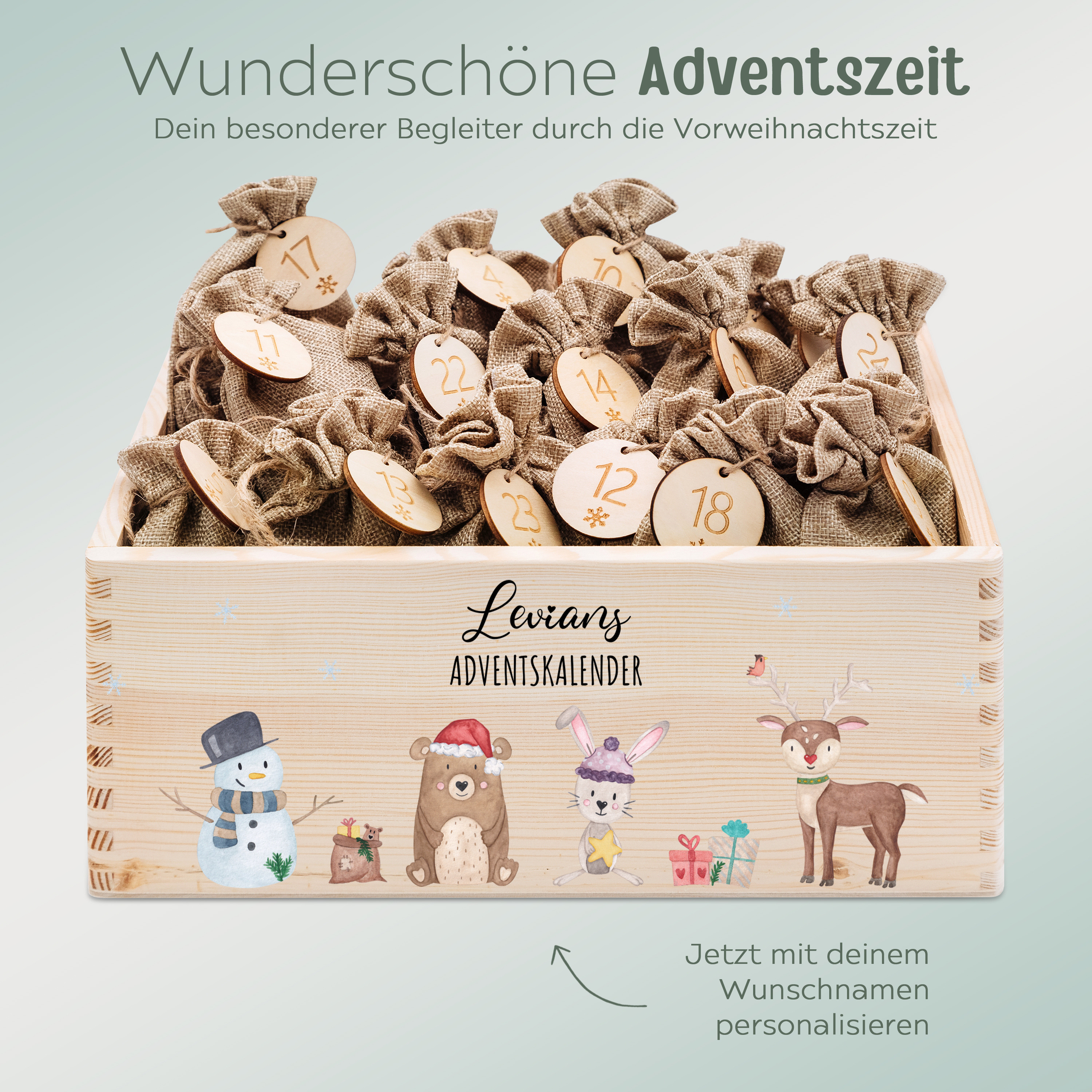 Adventskiste personalisiert - "Schneemann Tiere" Aquarell