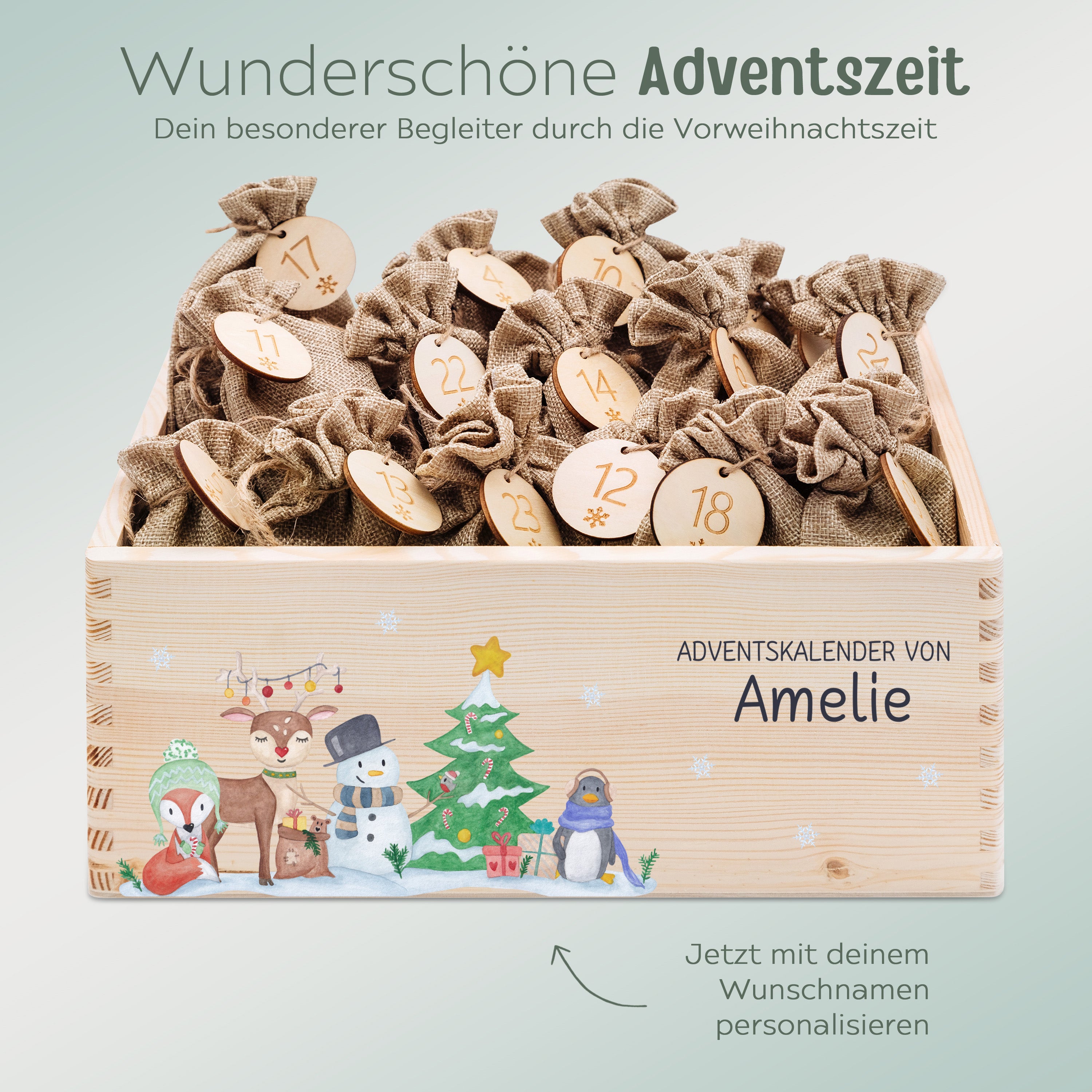 Adventskiste personalisiert - "Winterwald Tiere" Aquarell