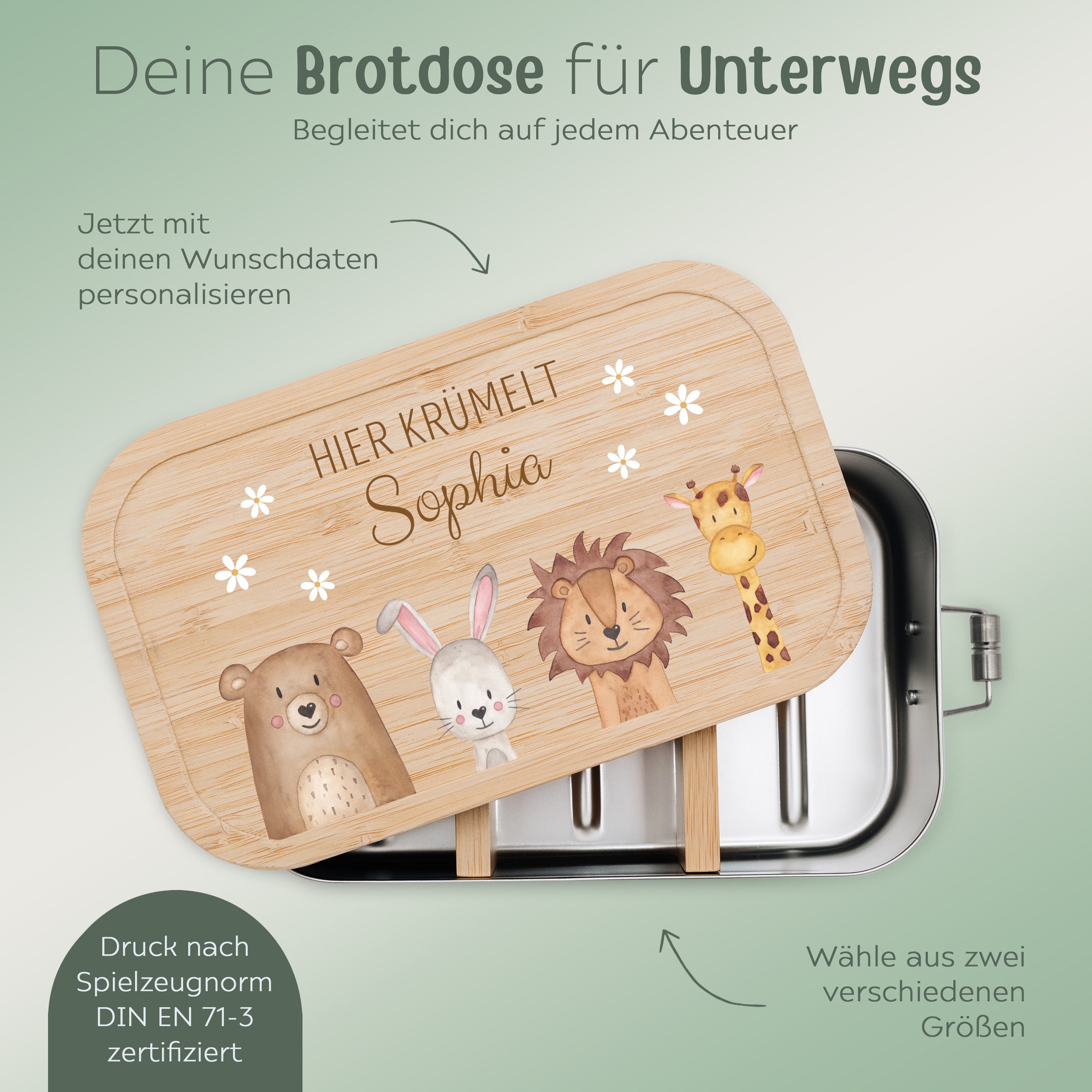 Brotdose Edelstahl personalisiert - Tiere unten Blümchen Aquarell