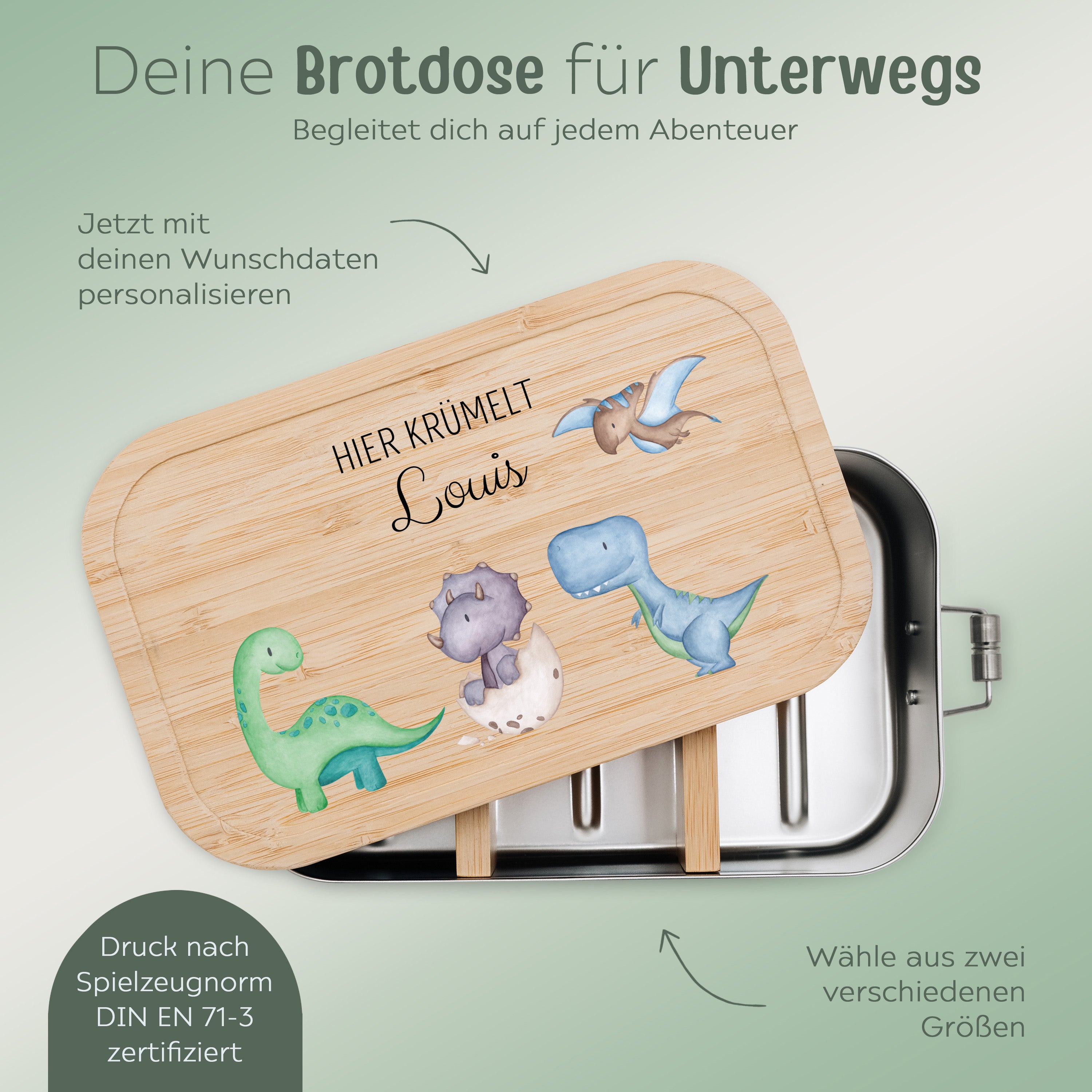 Brotdose Edelstahl personalisiert - Dinosaurier Aquarell