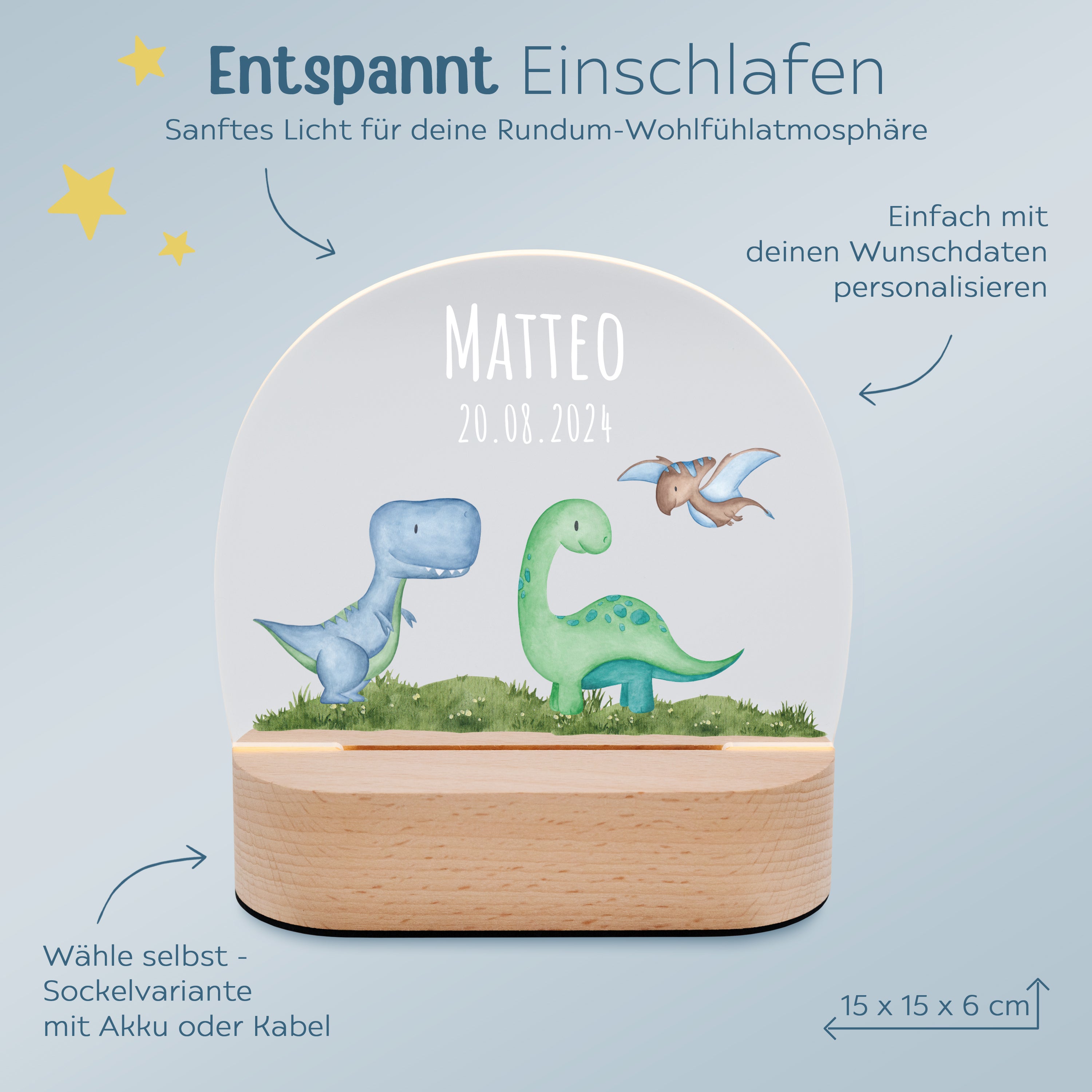 LED Nachtlicht Kinder personalisiert - Dinos Wiese Aquarell