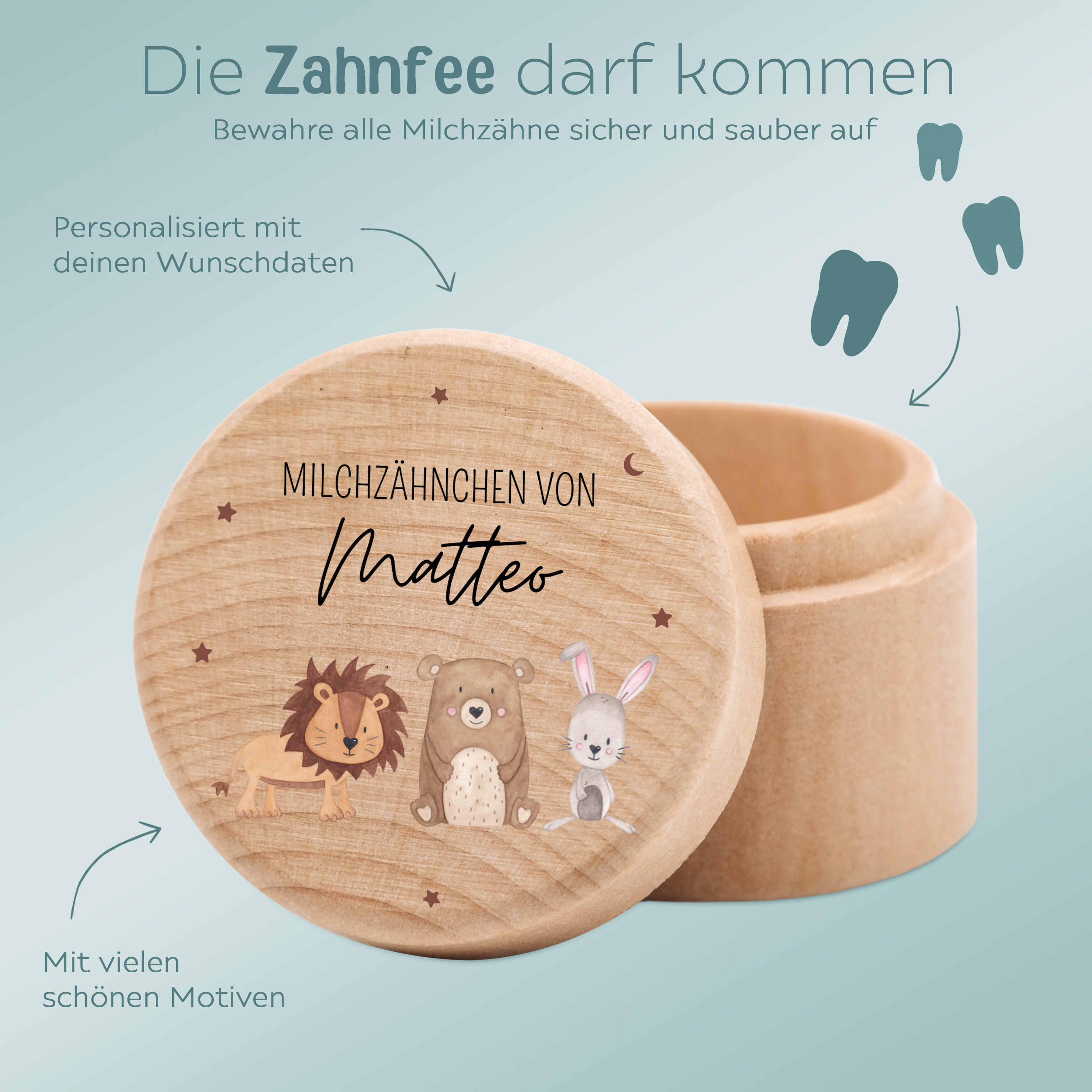 Milchzahndose Holz personalisiert - Tiere Sternenhimmel Aquarell