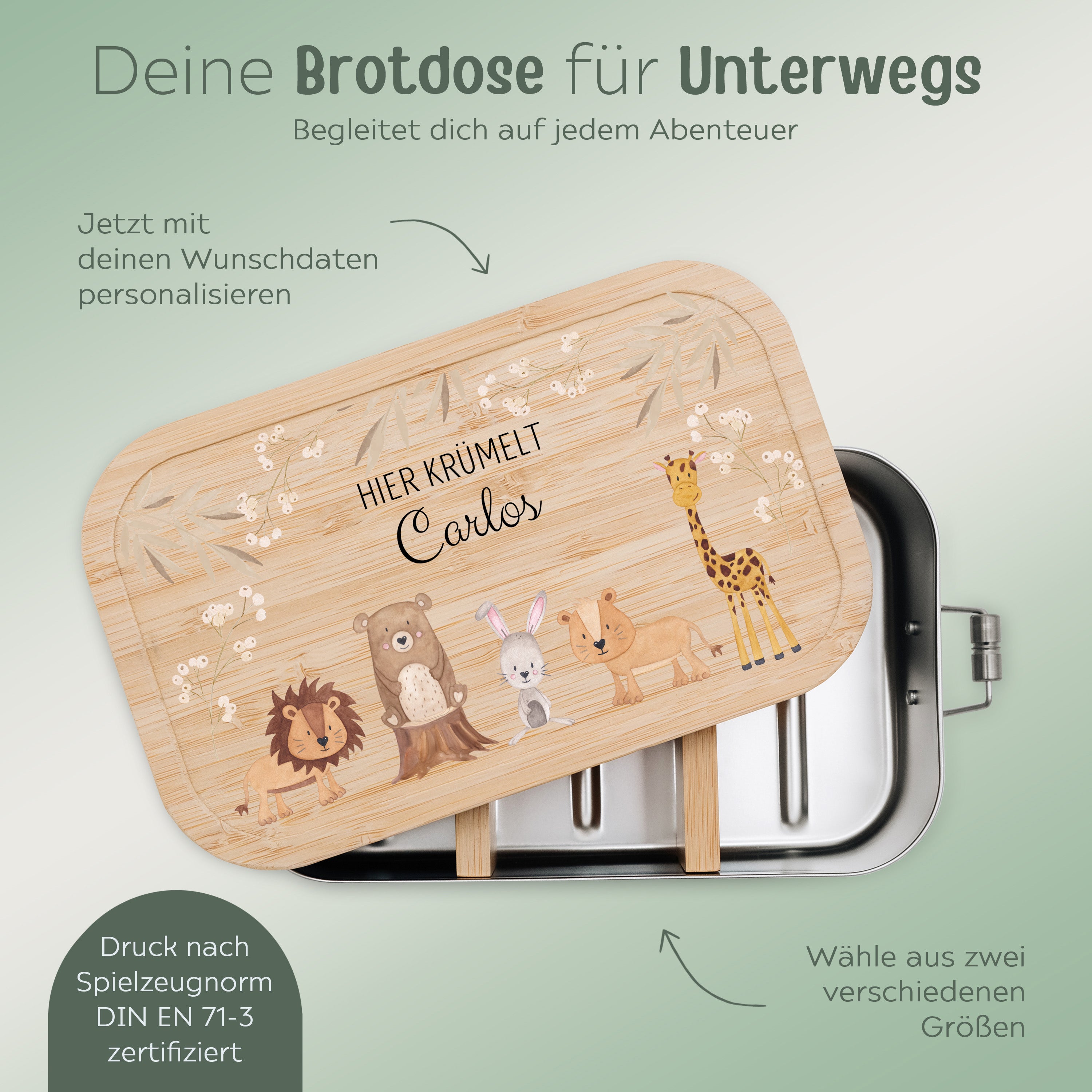 Brotdose Edelstahl personalisiert - Tiere Zweige beige Aquarell