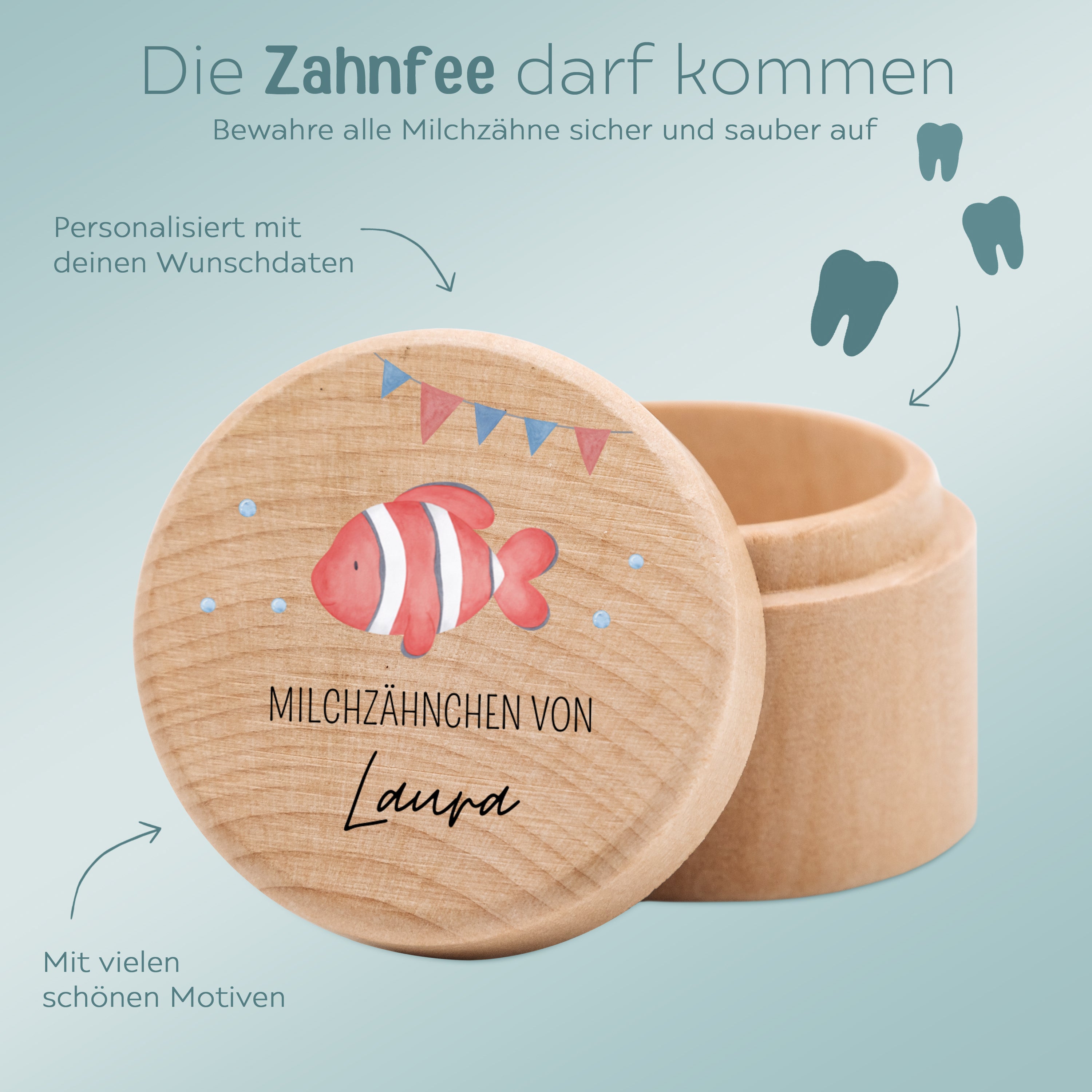 Milchzahndose Holz personalisiert - Meerestiere Aquarell