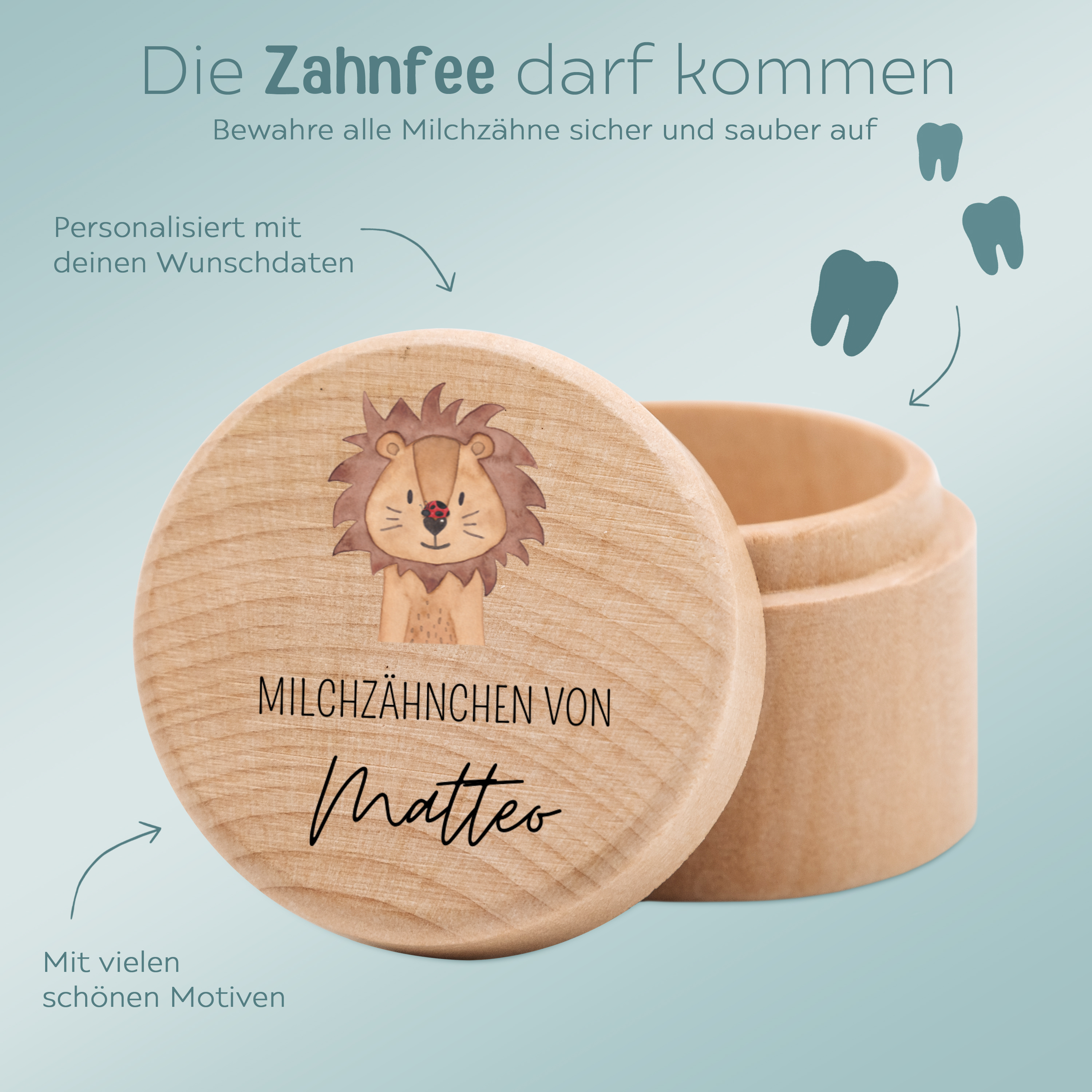 Milchzahndose Holz personalisiert - Tier mit Marienkäfer