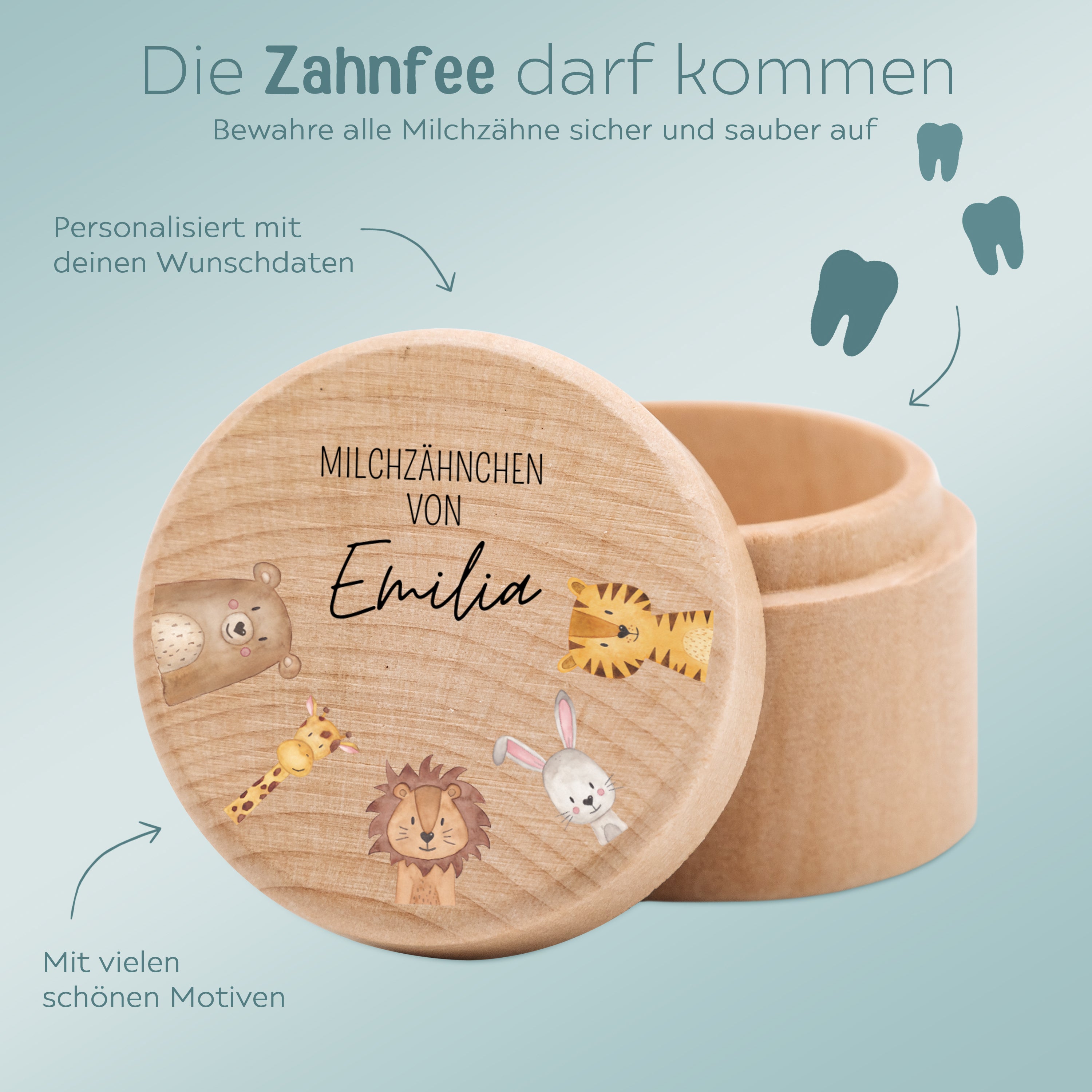 Milchzahndose Holz personalisiert - Tiere und Dinos Aquarell