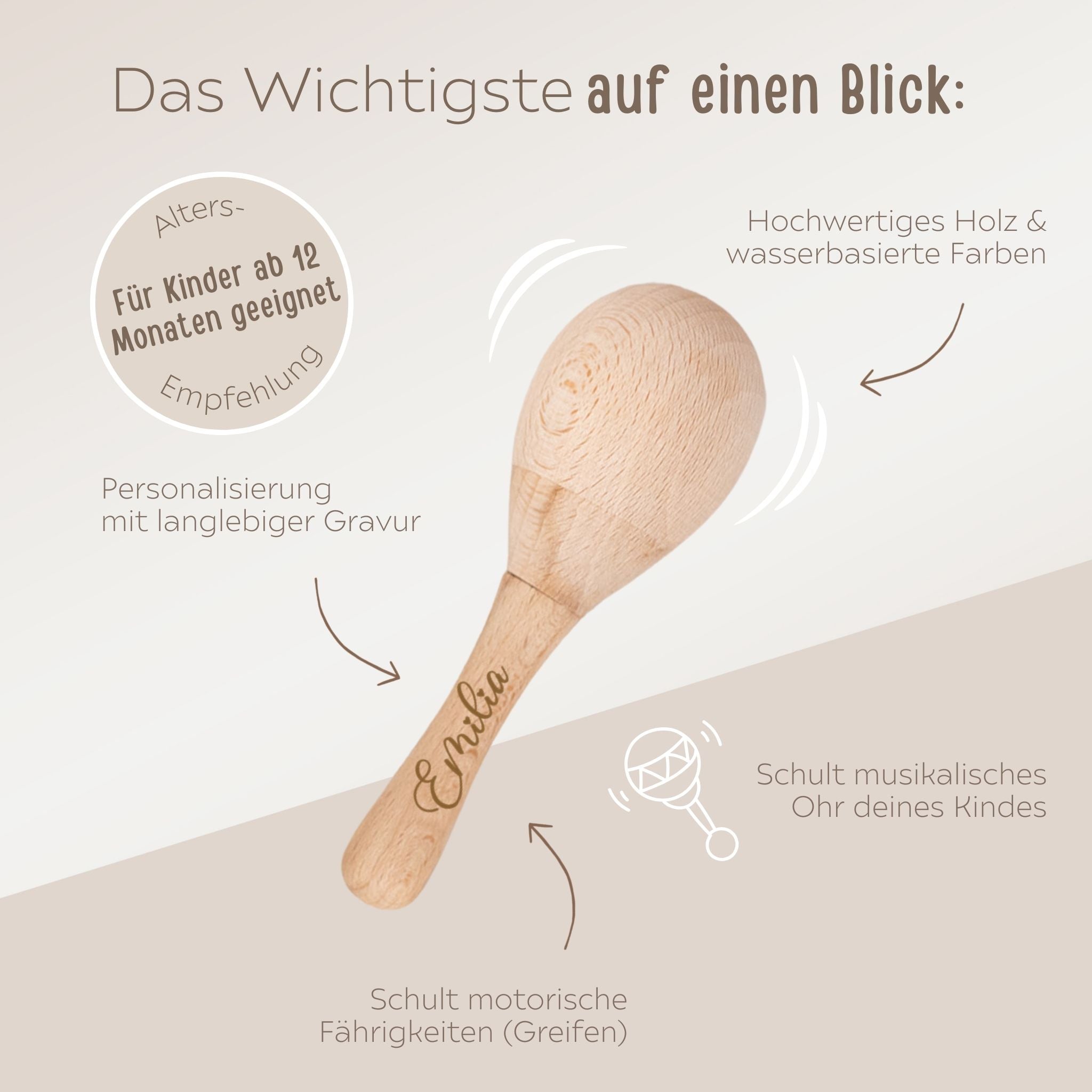 Baby Maracas Stabrassel aus Holz personalisiert