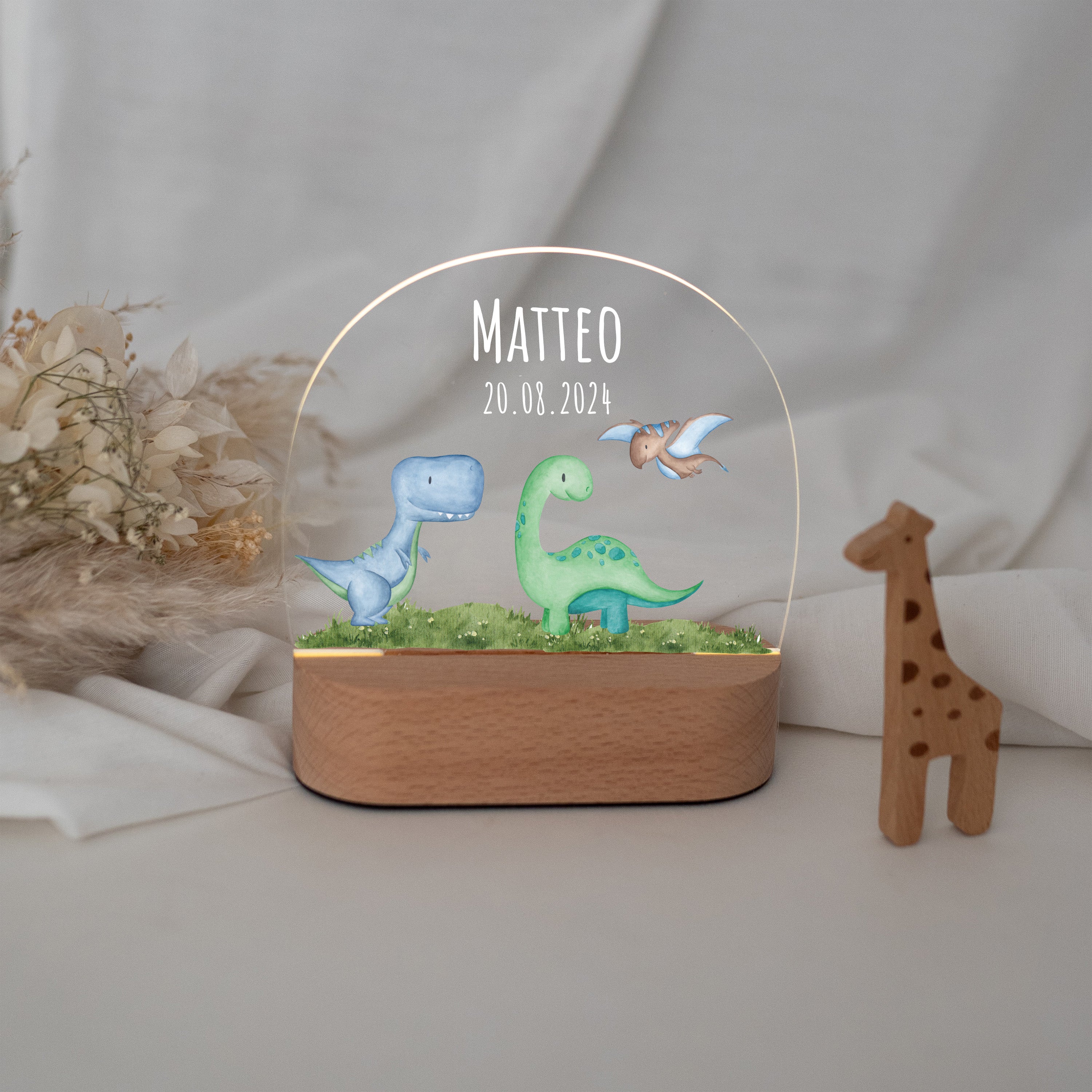 LED Nachtlicht Kinder personalisiert - Dinos Wiese Aquarell