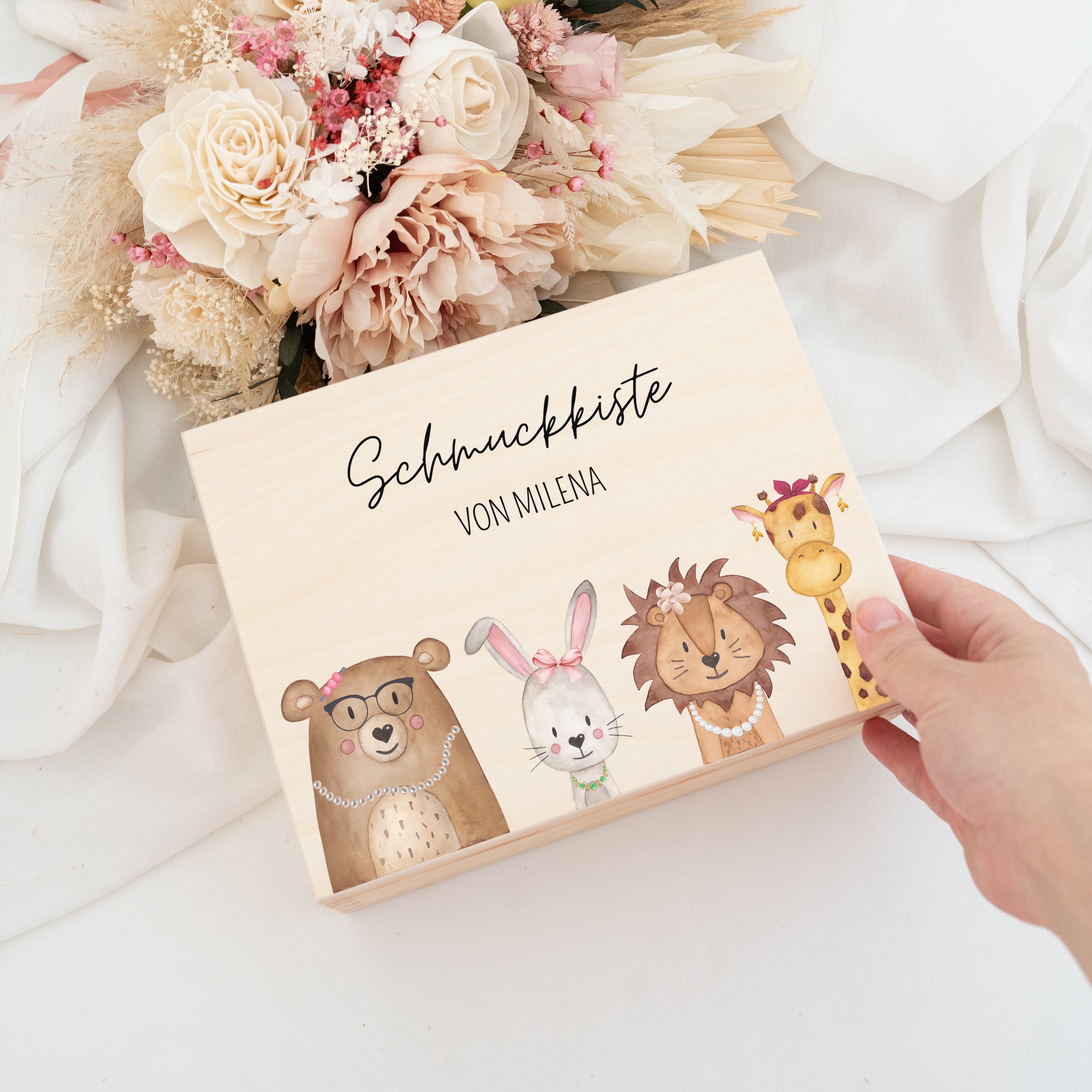 Schmuckkiste mit Spiegel aus Holz - Tiere mit Schmuck Aquarell