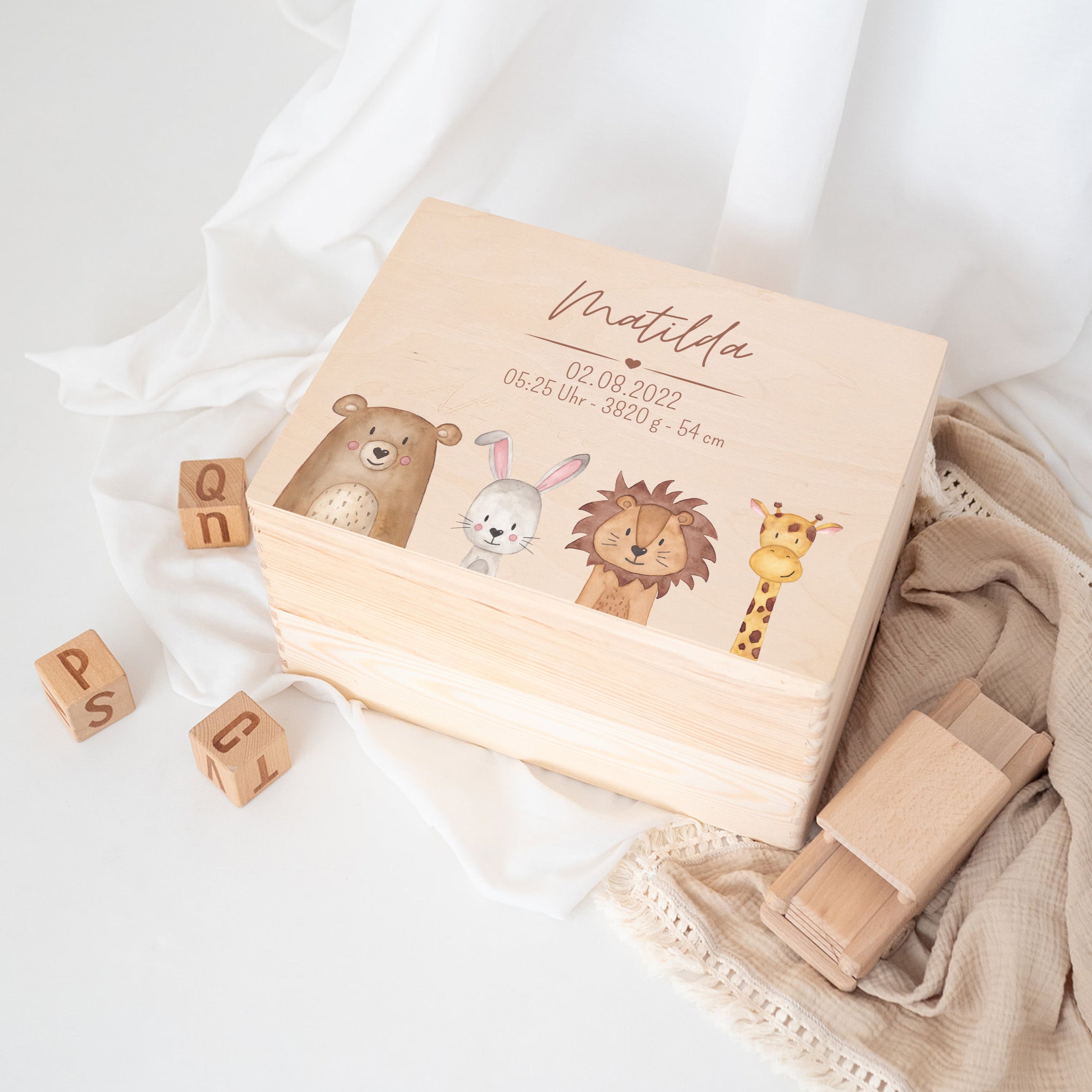 Erinnerungsbox Holz mit Wunschdaten – Tiere unten Aquarell