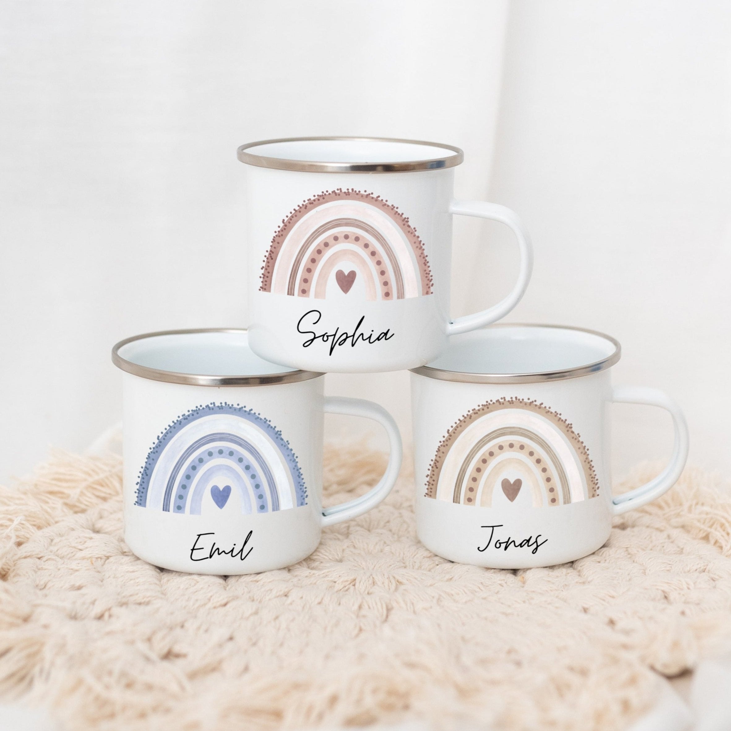 Emaille Kindertasse personalisiert - Regenbogen Punkte Aquarell