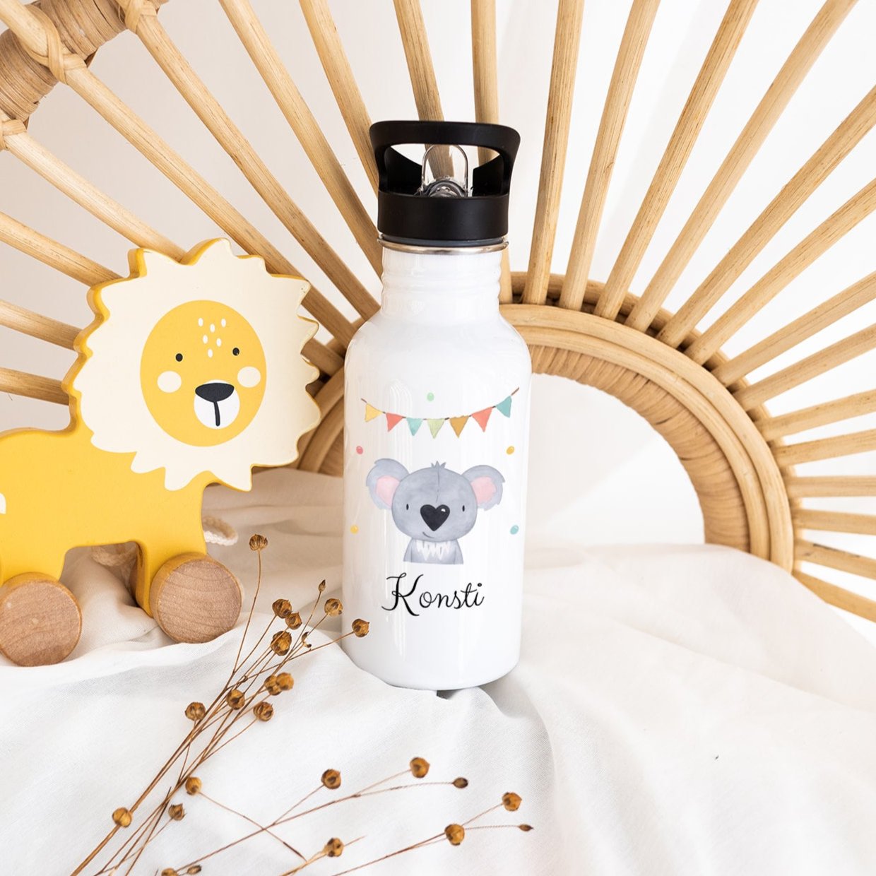 Kinder Trinkflasche weiß mit Trinkhalm personalisiert - Tier Girlande Aquarell