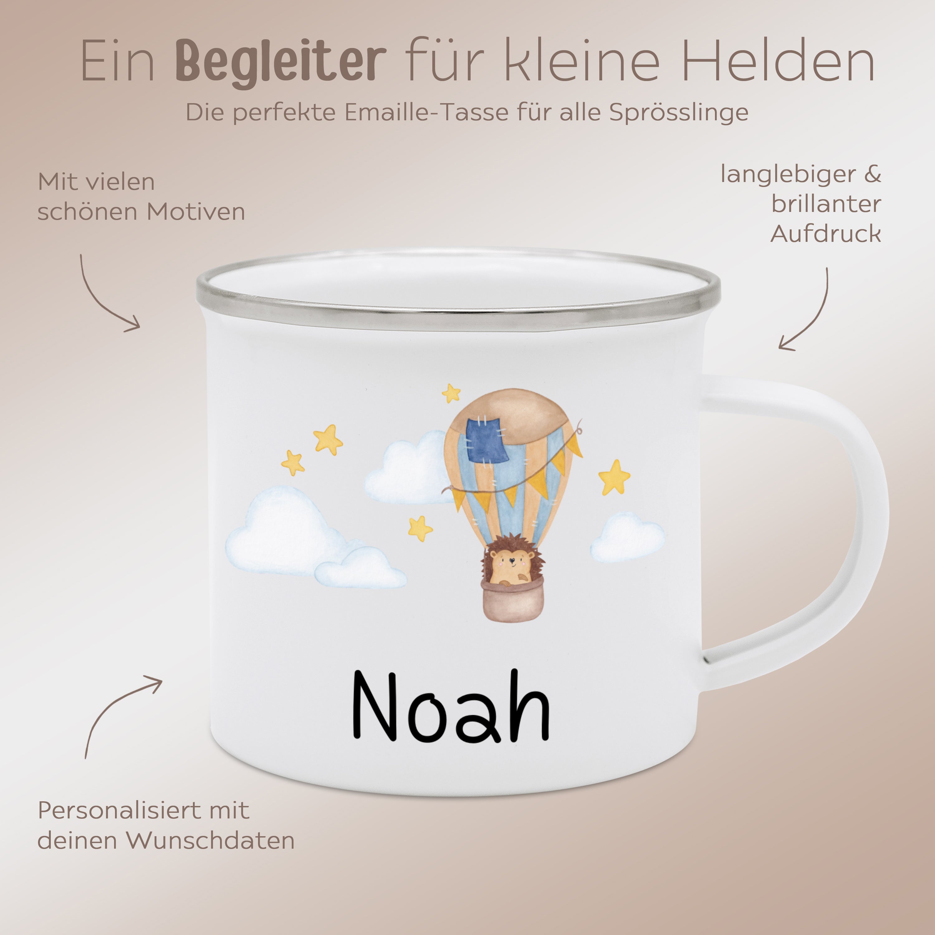 Emaille Kindertasse personalisiert - Tier in Heißluftballon