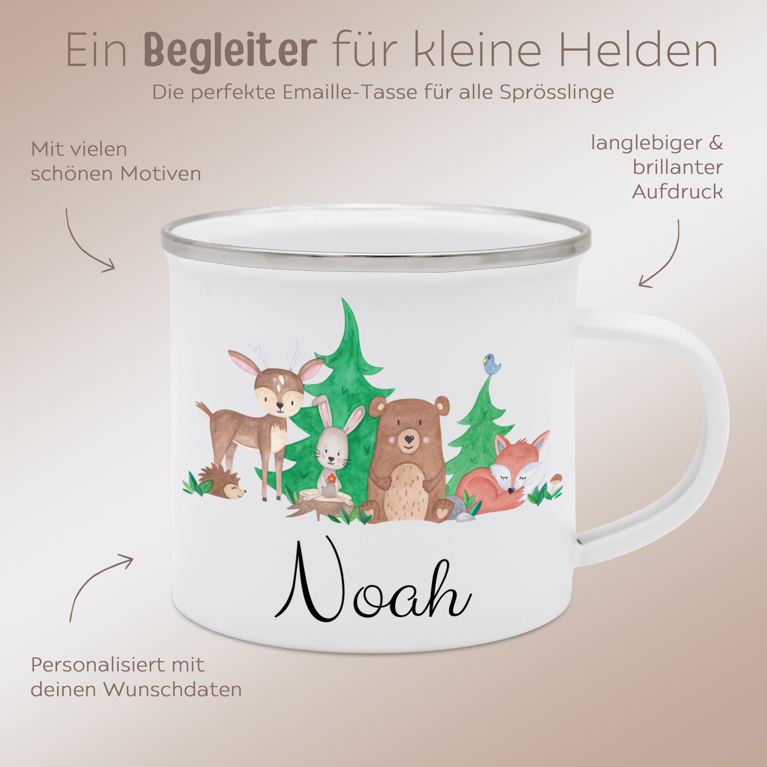 Emaille Kindertasse personalisiert - Waldfreunde Aquarell