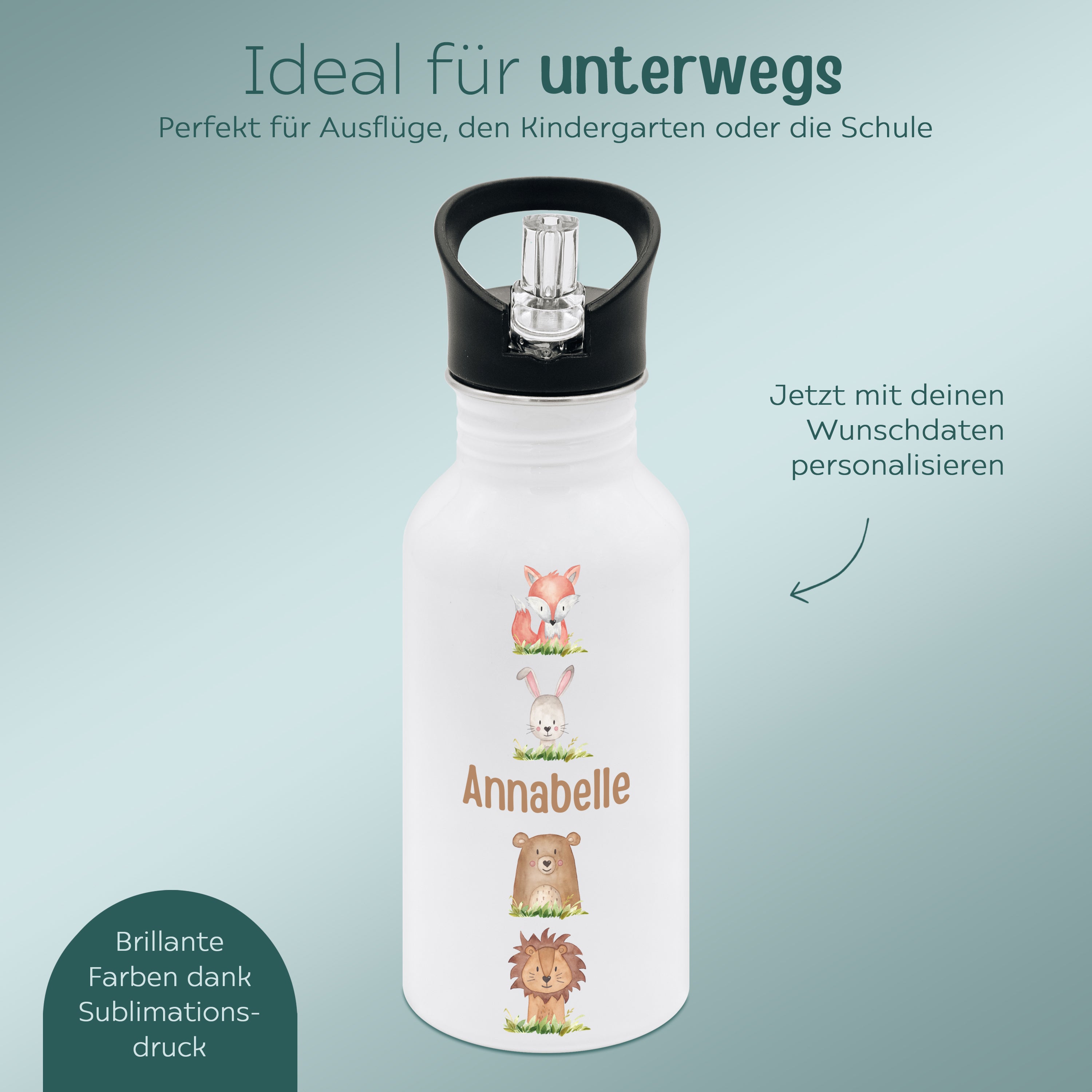 Kinder Trinkflasche weiß mit Trinkhalm personalisiert - Waldtiere untereinander Aquarell