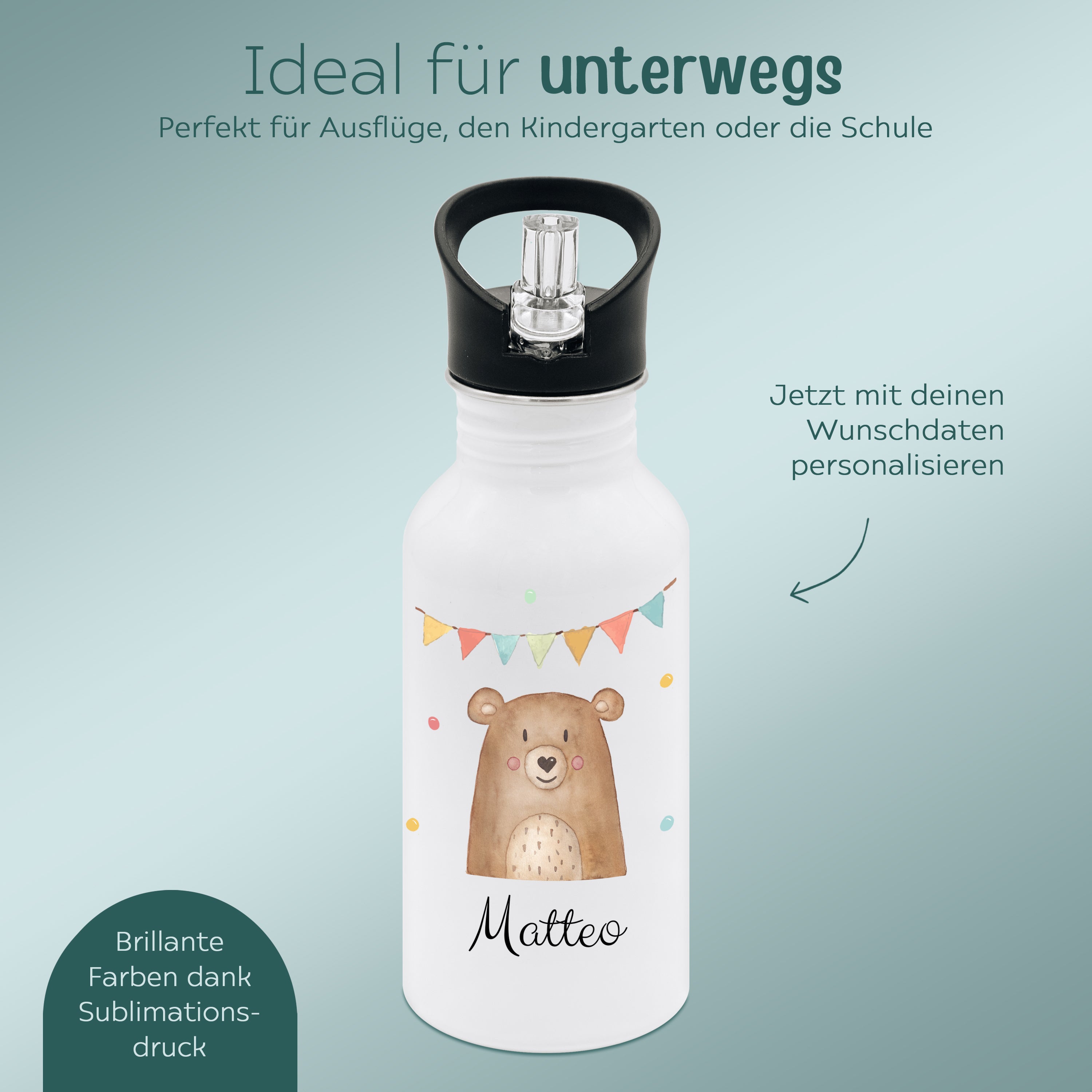 Kinder Trinkflasche weiß mit Trinkhalm personalisiert - Tier Girlande Aquarell