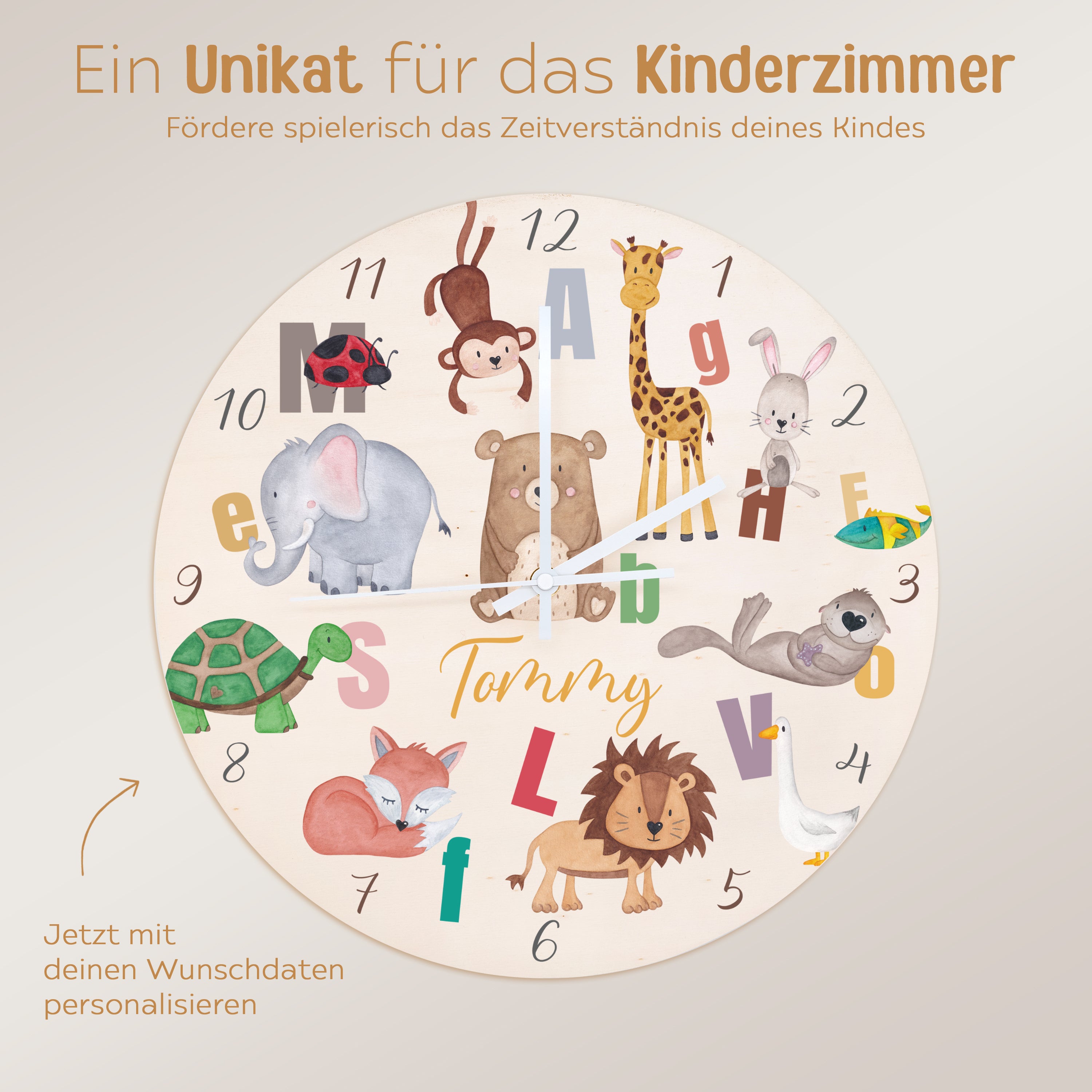 Wanduhr Kinder Holz personalisiert - Lernuhr Buchstaben Tiere